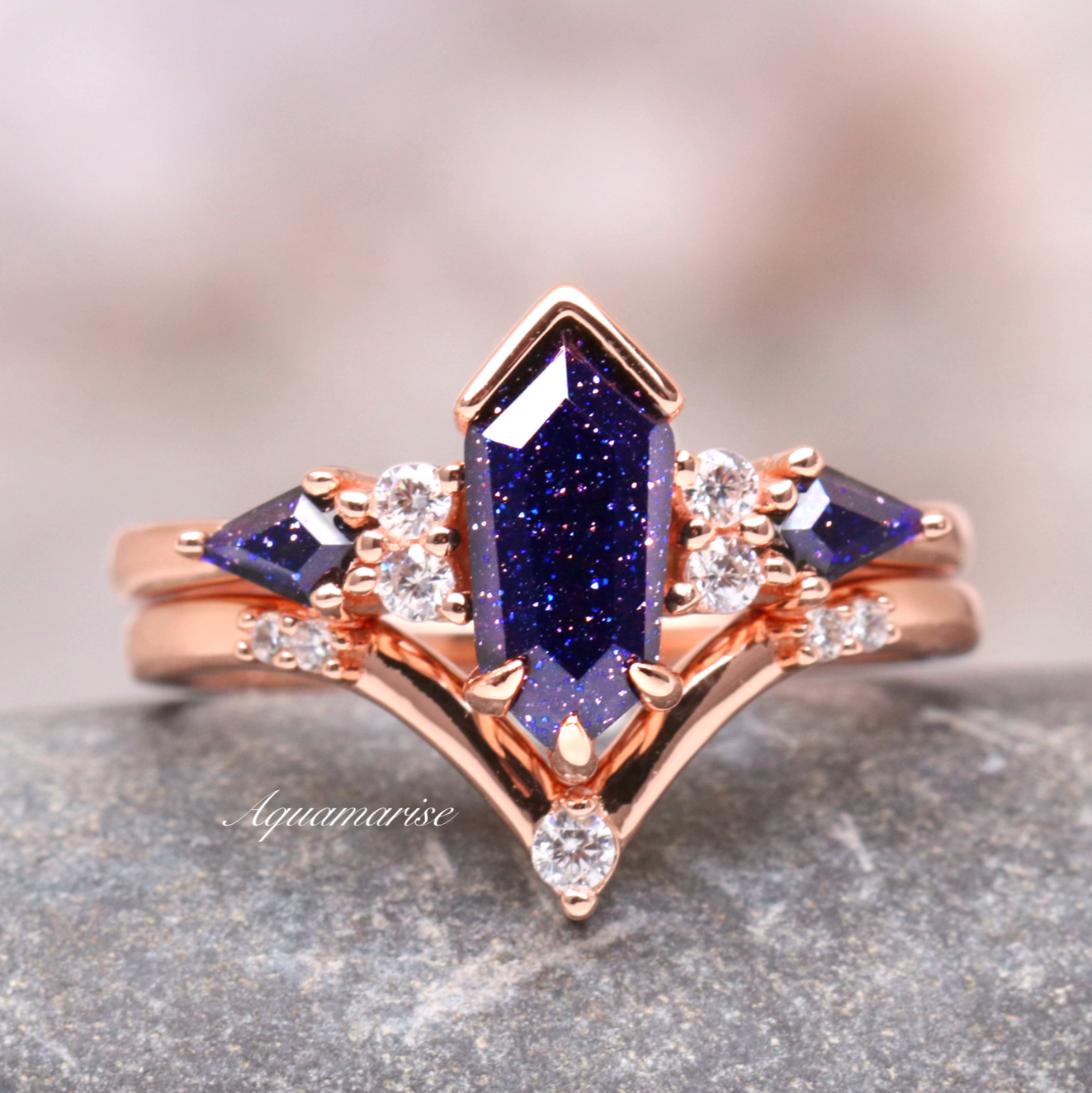 14K Solid Rose Gold Coffin Kite Ring Set - Gothic Jewelry for Women, Unique Handmade Vintage Style Rings - Perfect for Halloween, Cosplay, Gothic Fashion & Dark Aesthetic Lovers