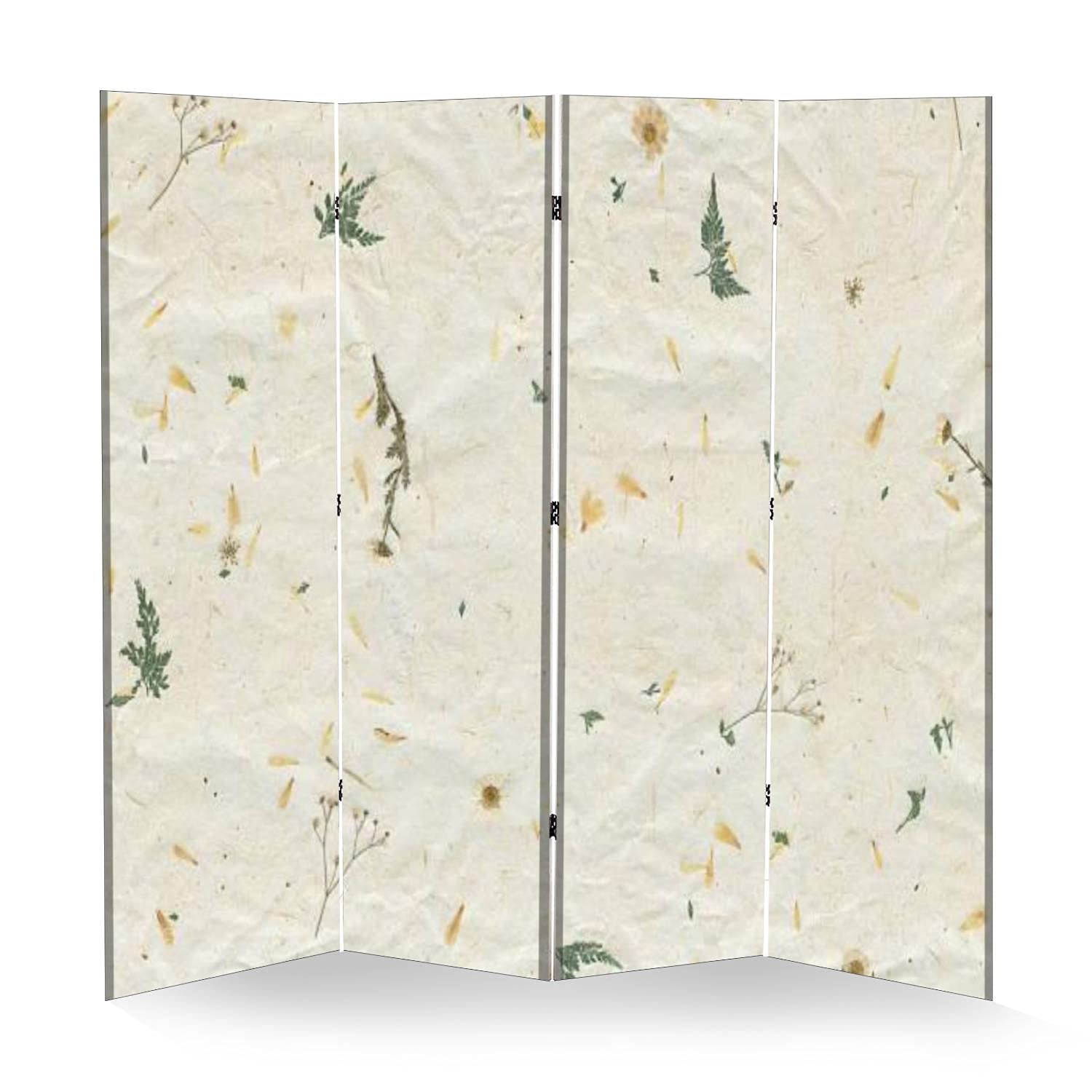 4 Panel Handmade Recycled Paper Room Divider - Freestanding Folding Privacy Screen with Dried Flowers for Home, Office & Events | Soundproof Partition for Bedroom, Living Room & Workspace