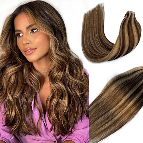 Premium 20-Piece Tape-In Human Hair Extensions | 24 Inch 70G Remy Hair with Chocolate Brown to Caramel Blonde Highlights | Seamless Skin Weft for Natural Look | Perfect for Daily Wear, Special Occasions & Styling