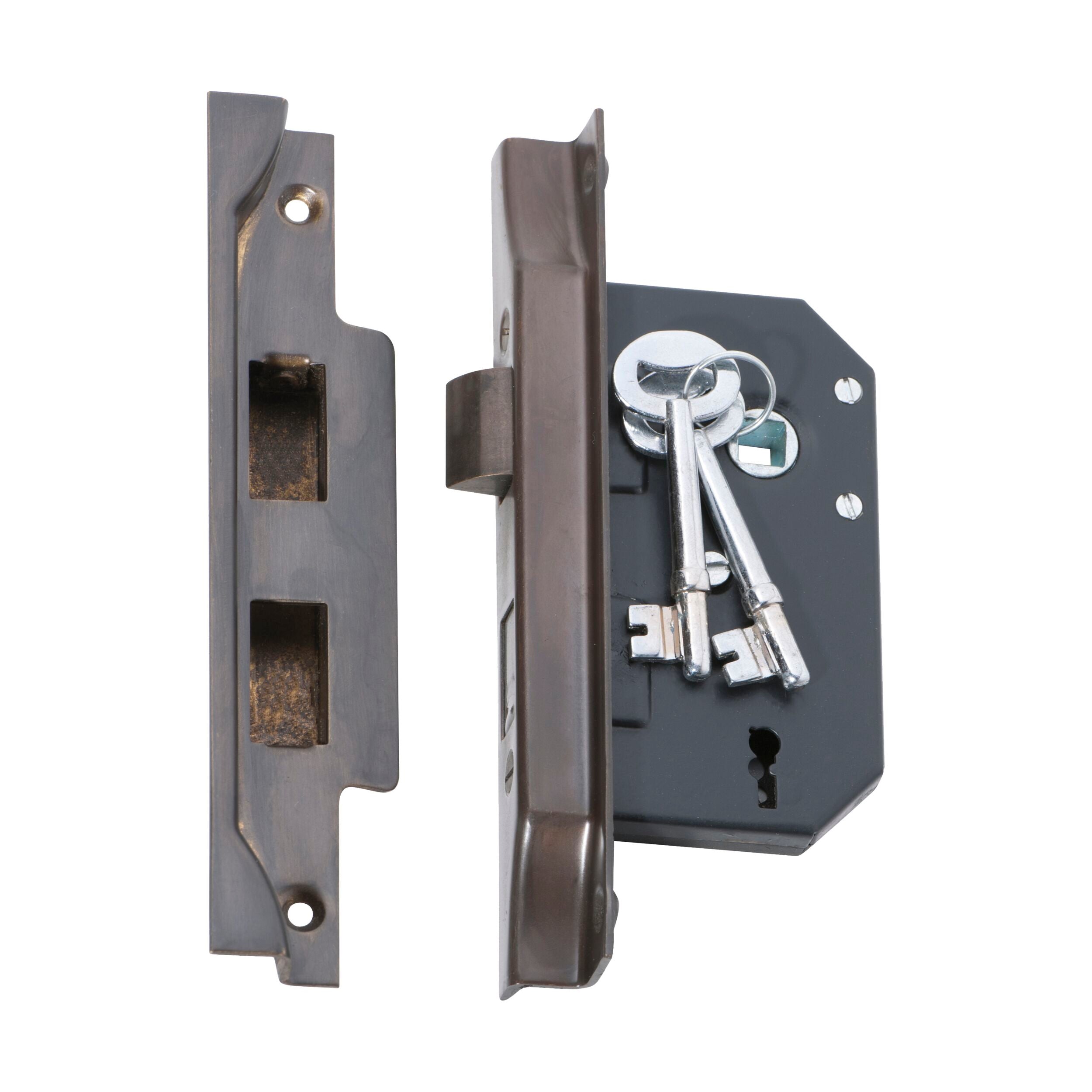 2204 Mortice Lock 3 Lever Rebated Antique Brass CTC 57mm Backset 44mm - Premium Security Lock for Doors, Cabinets & Furniture