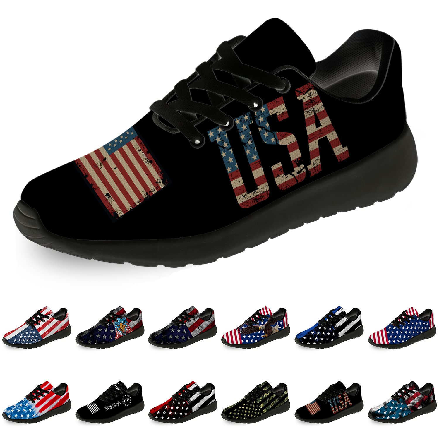 USA Flag Running Shoes for Men & Women - Patriotic American Flag Tennis Sneakers for Walking, Jogging & Casual Wear - Size 11 Men/13 Women in Black with Red & Blue Design - Perfect for 4th of July, Veterans Day & Patriotic Events