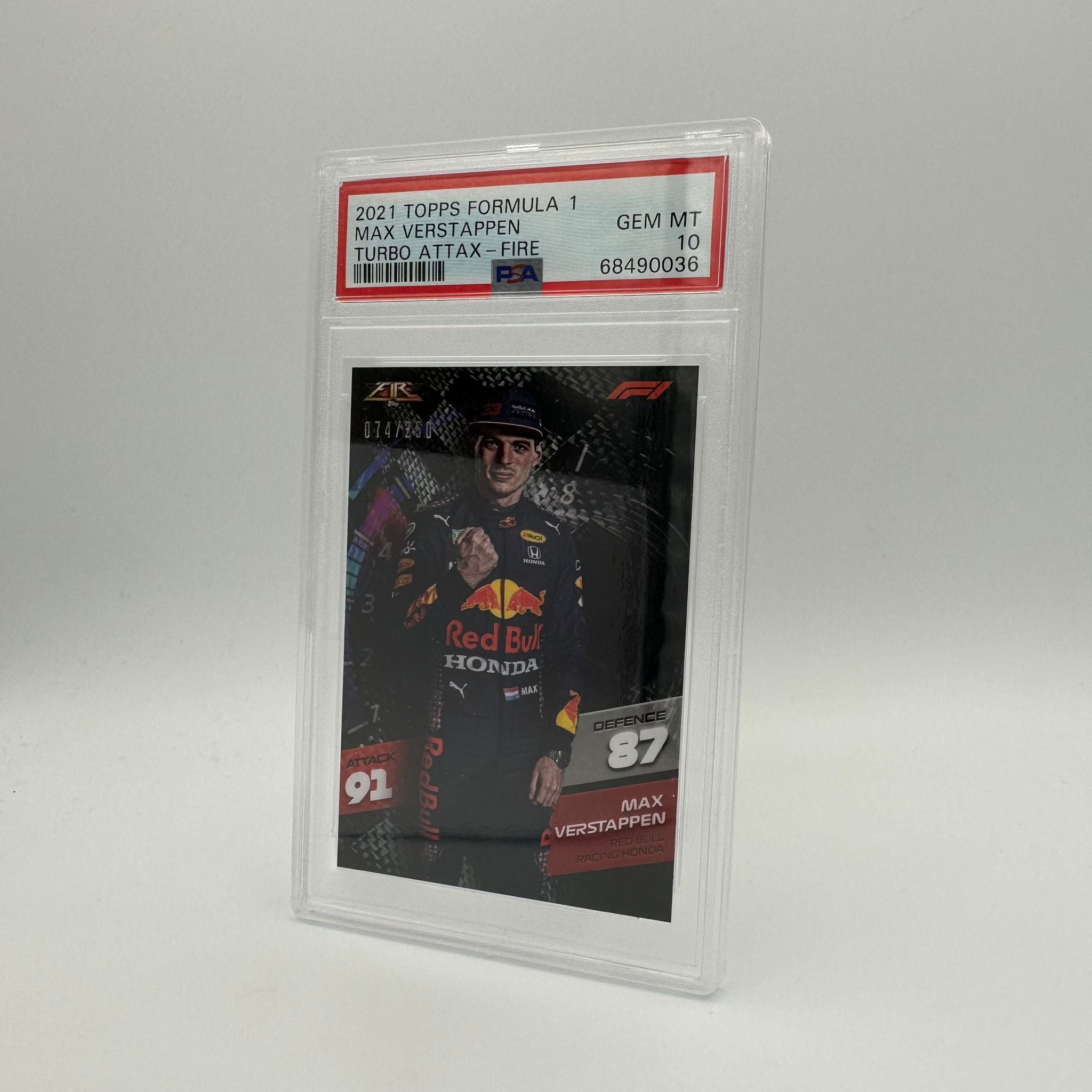 PSA 10 Graded 074/250 Max Verstappen Fire Racing Card - Rare Collectible for F1 Fans & Sports Memorabilia Enthusiasts - Perfect for Display, Trading, and Investment