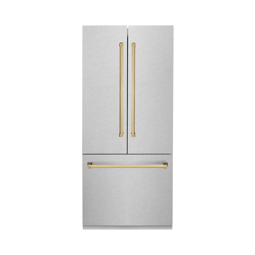 ZLINE Autograph Edition 36 Inch French Door Built-In Refrigerator with Bottom Freezer - 19.6 cu.ft Capacity, Water Dispenser & Ice Maker - Satin Stainless Steel with Polished Gold Accents (RBIVZ SN 36 G) - Perfect for Modern Kitchens & Luxury Homes