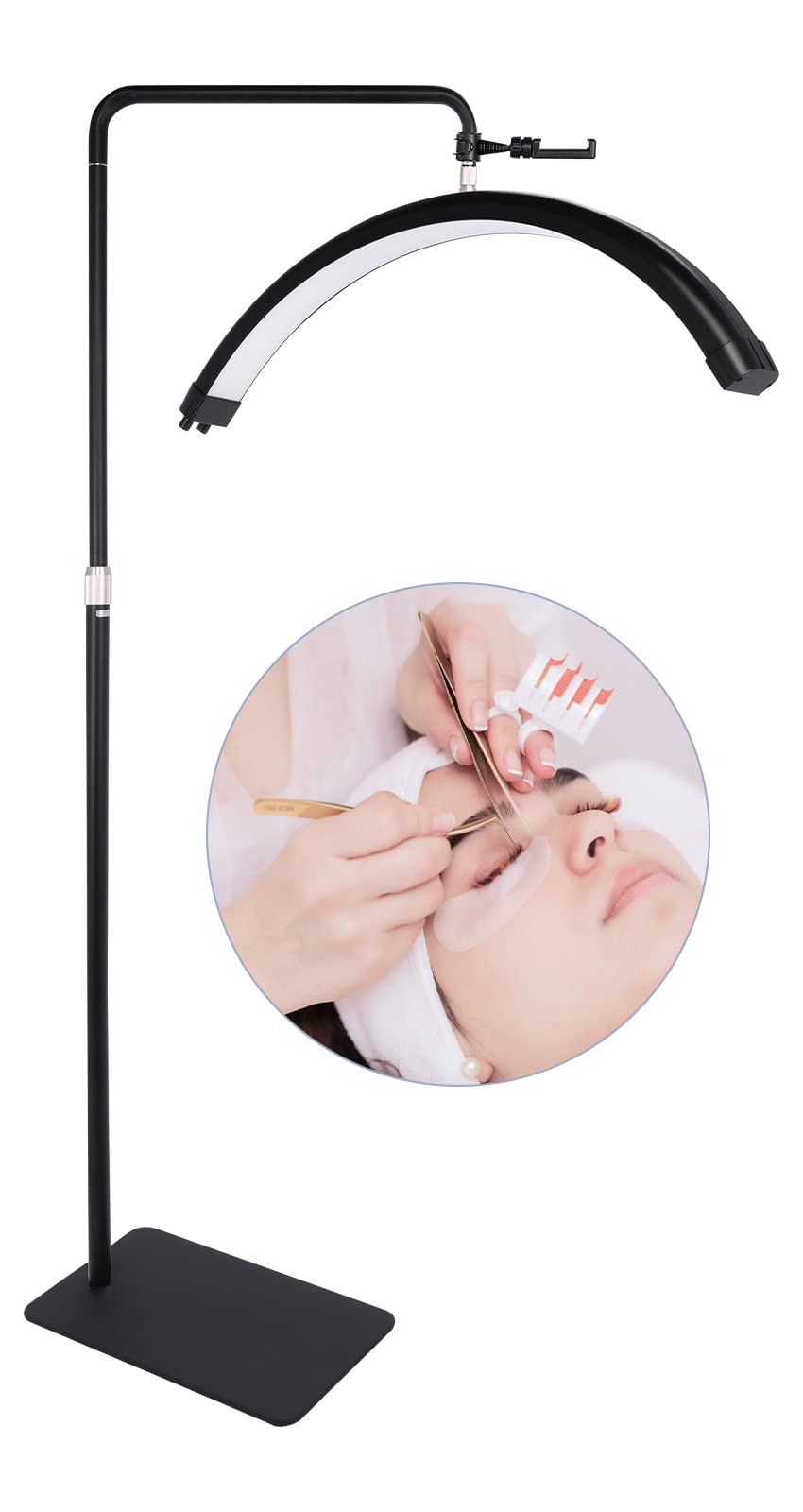 Professional Lash Extension Light for Eyelash Artists & PMU Tattoo - Adjustable Brightness Cool/Warm LED Lamp with Phone Holder - Perfect for Salon, SPA & Home Beauty Studio - Black Half Moon Design
