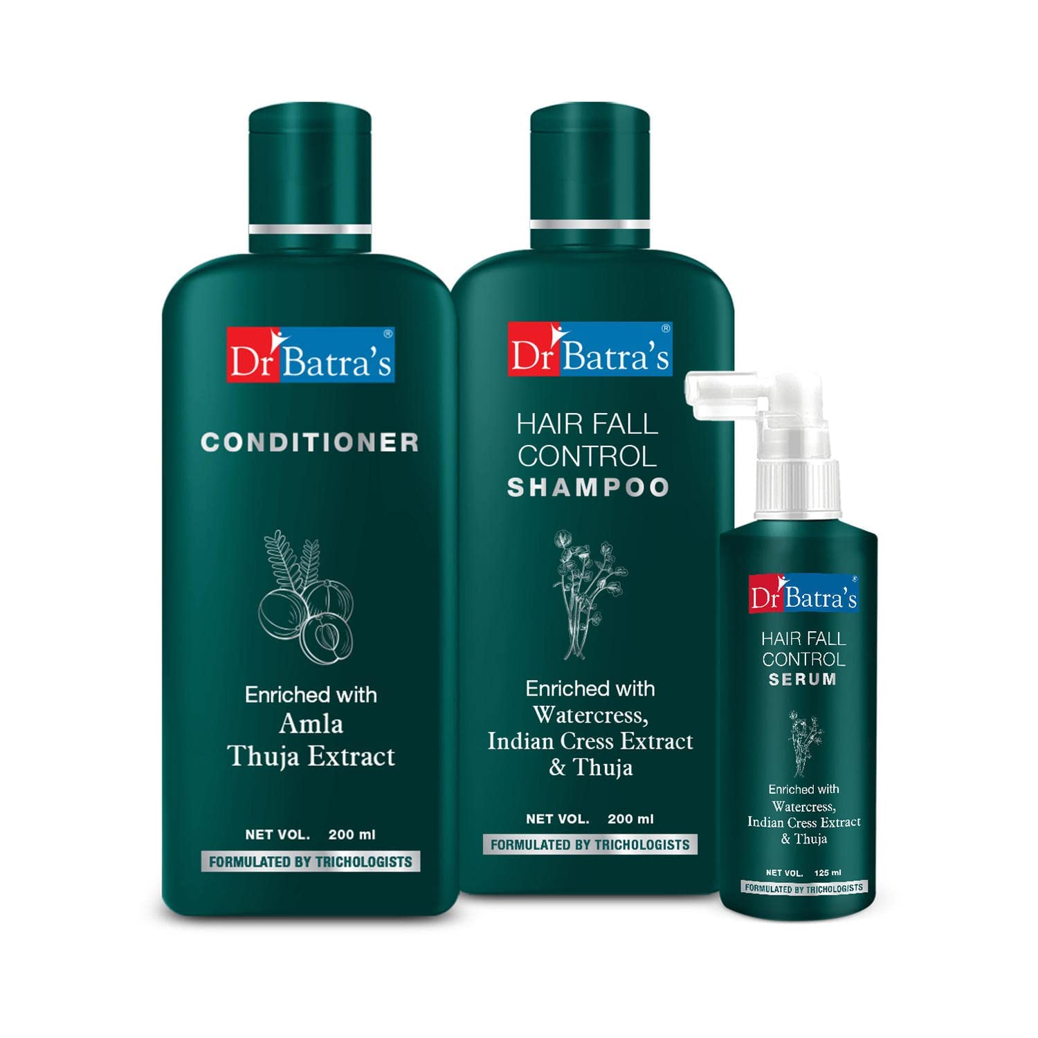 Dr. Batra's Hair Fall Control Combo Kit - 125ml Serum, 200ml Conditioner & 200ml Shampoo with Thuja & Henna for Men & Women | Reduces Hair Loss & Promotes Growth | Perfect for Daily Hair Care Routine & Scalp Treatment