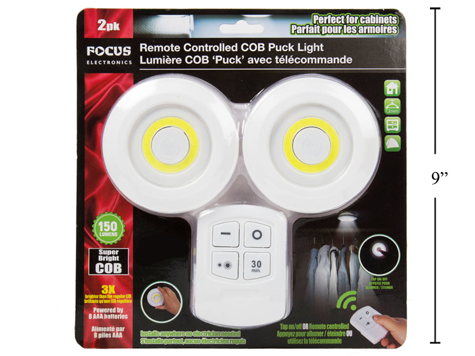2 Pack COB Puck Lights with Remote Control - Dimmable LED Under Cabinet Lighting for Kitchen, Bedroom, Closet - Warm White 3000K (Model 86011) by FOCUS ELECTRONICS - Perfect for Accent Lighting and Home Decor