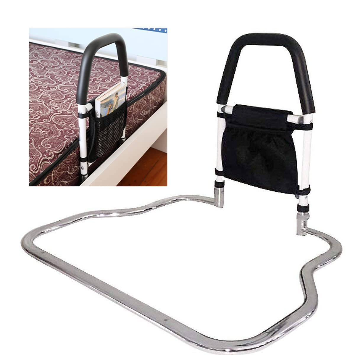 UFFD Adjustable Height Bedside Safety Rail for Elderly & Adults - Fall Protection Bed Handrail with Storage Pocket - Fits Most Bed Sizes - Ideal for Home Care, Hospital Use & Senior Safety
