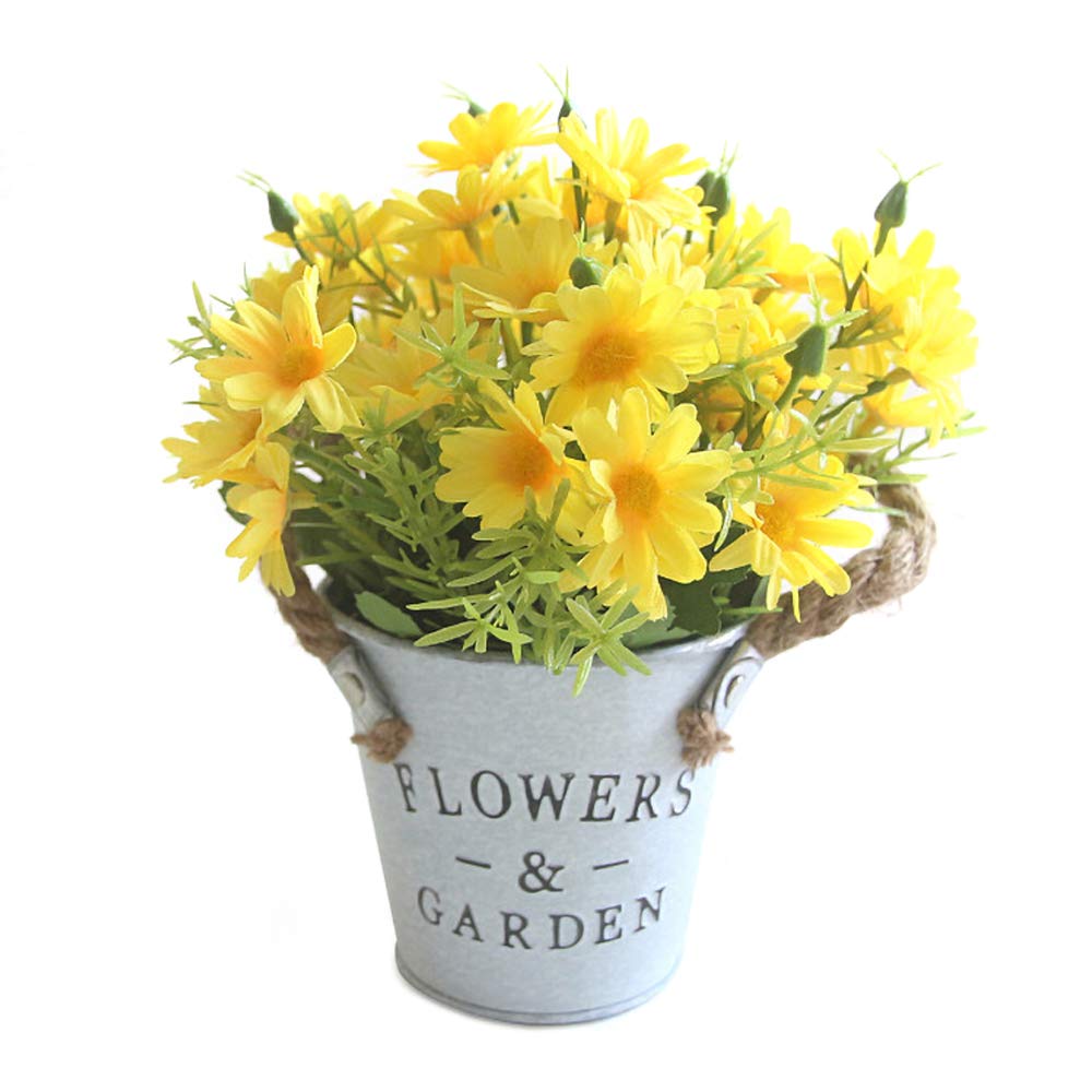 Riverbyland Artificial Daisy Bonsai in Iron Pot - Yellow Fake Flowers for Home Decor, Office Desk, Wedding Centerpiece & Gift Idea