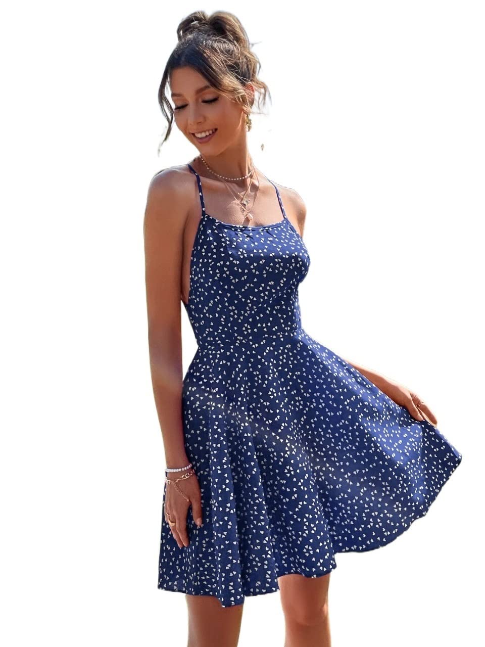 2022 Women's Summer Dresses - Floral Heart Print Crisscross Tie Backless Cami Dress | Casual Beach Wear, Party Outfit & Vacation Clothing
