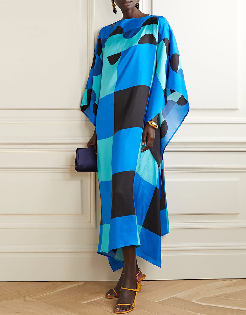 Blue Soft Silk Crepe Kaftan Dress - Elegant & Comfortable Women's Beach Cover Up for Summer Vacation, Pool Party, and Boho Chic Outfit