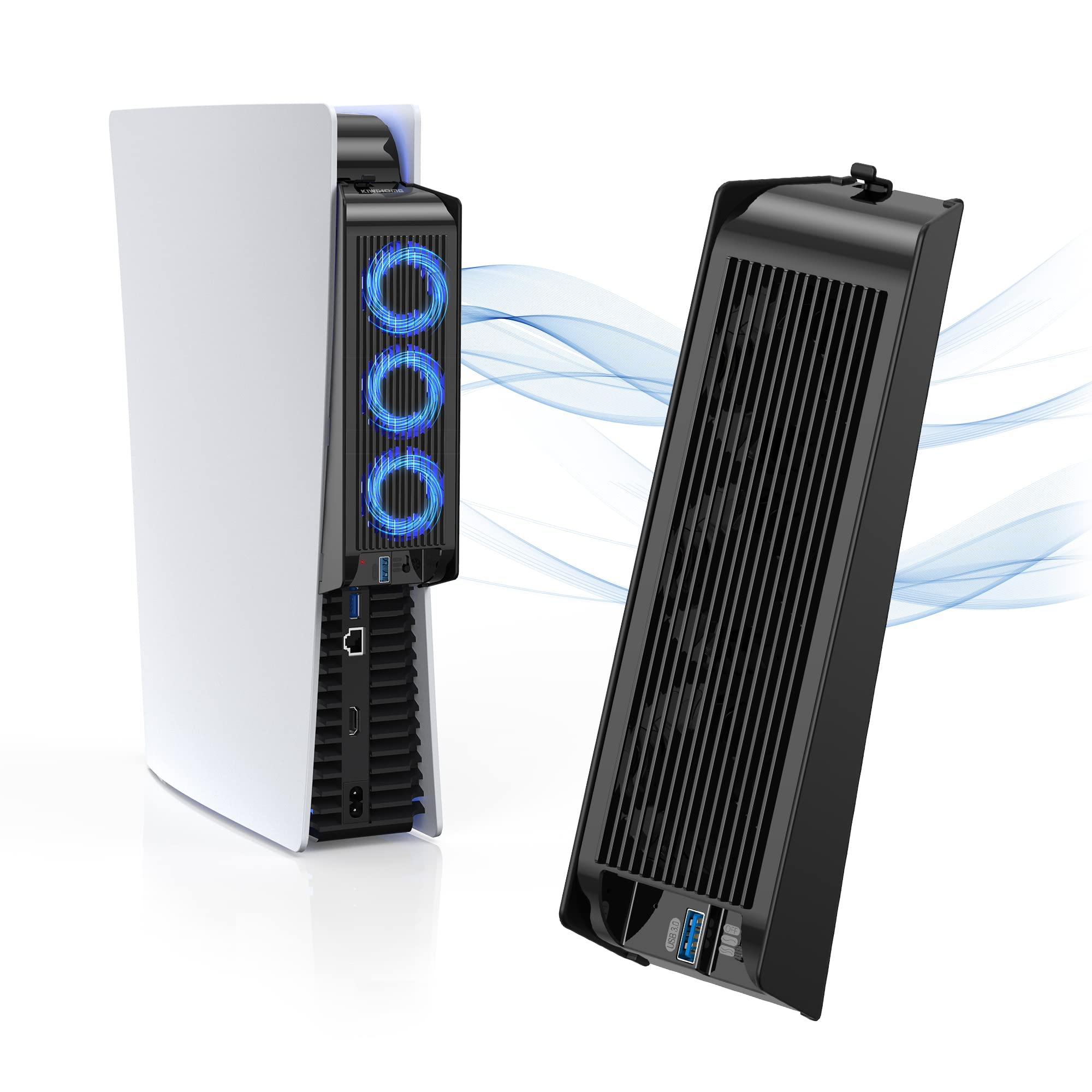KIWIHOME PS5 Cooling Fan - Upgraded Quiet Cooling System with LED Lights, USB 3.0 Hub for PS5 Disc & Digital Edition (Black) - Prevent Overheating for Extended Gaming Sessions