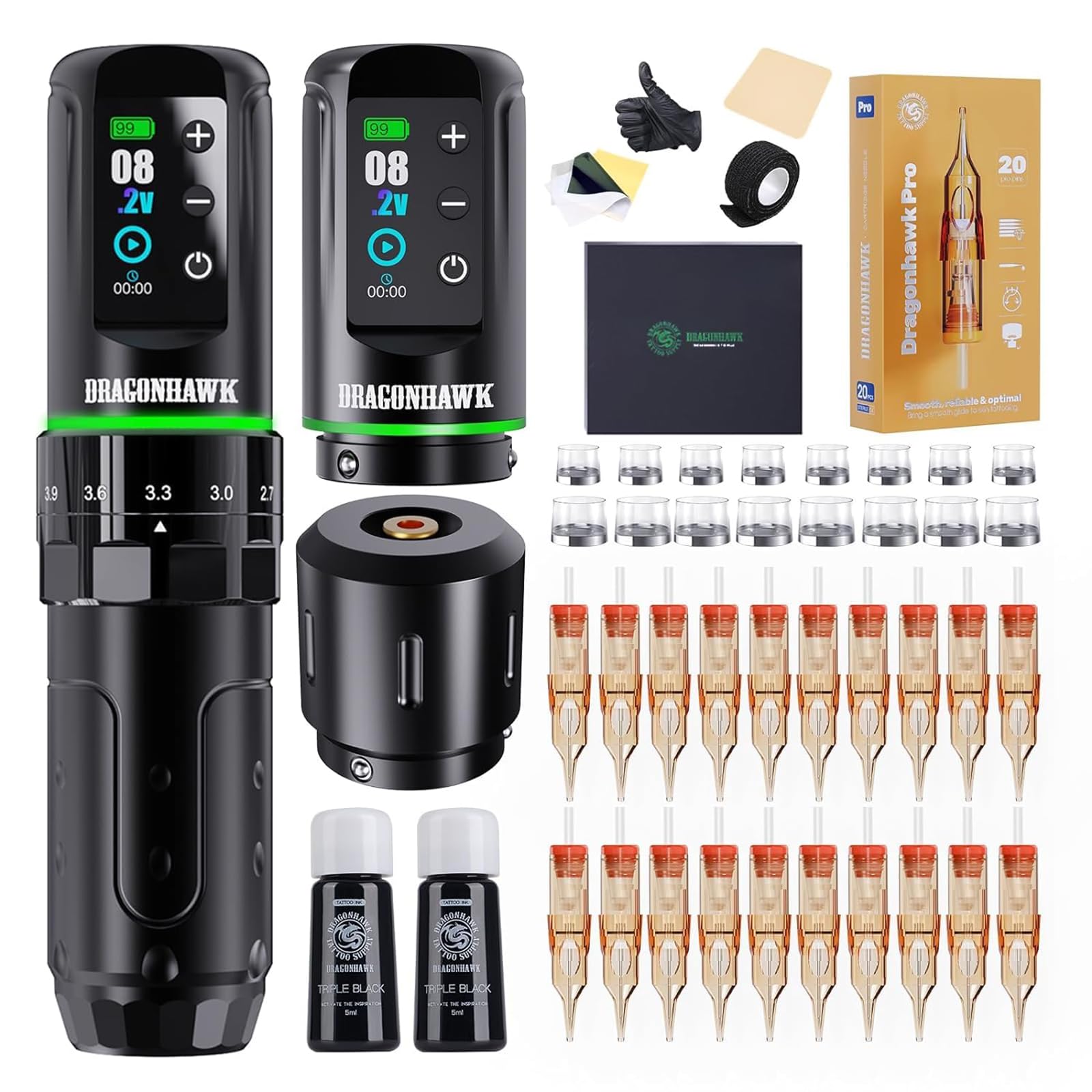 **Dragonhawk L3 Professional Cordless Tattoo Kit – Complete Tattoo Pen Machine with 7 Stroke Lengths, 2 x 2000mAh Batteries & Extra RCA Jack Parts – Ideal for Beginners & Artists – Perfect for Home, Studio & Professional Tattooing**