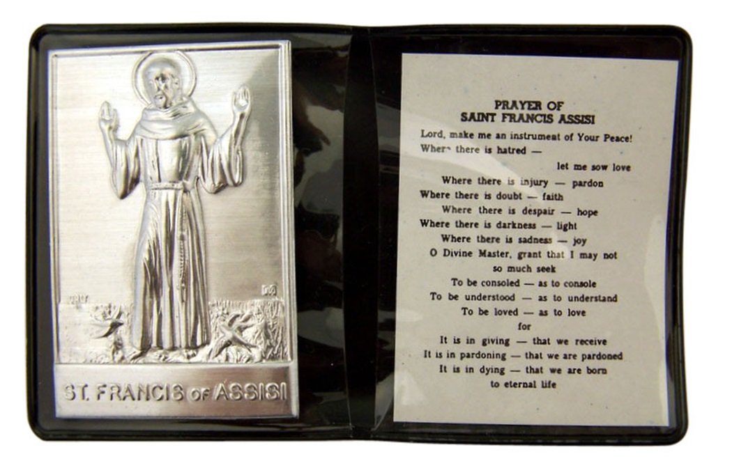 Silver-Tone Metal Catholic Patron Saint Francis Plaque with Prayer Card - 2.25 Inch Religious Wall Decor for Home, Church & Prayer Room - Fake Leather Pocket Folder Included