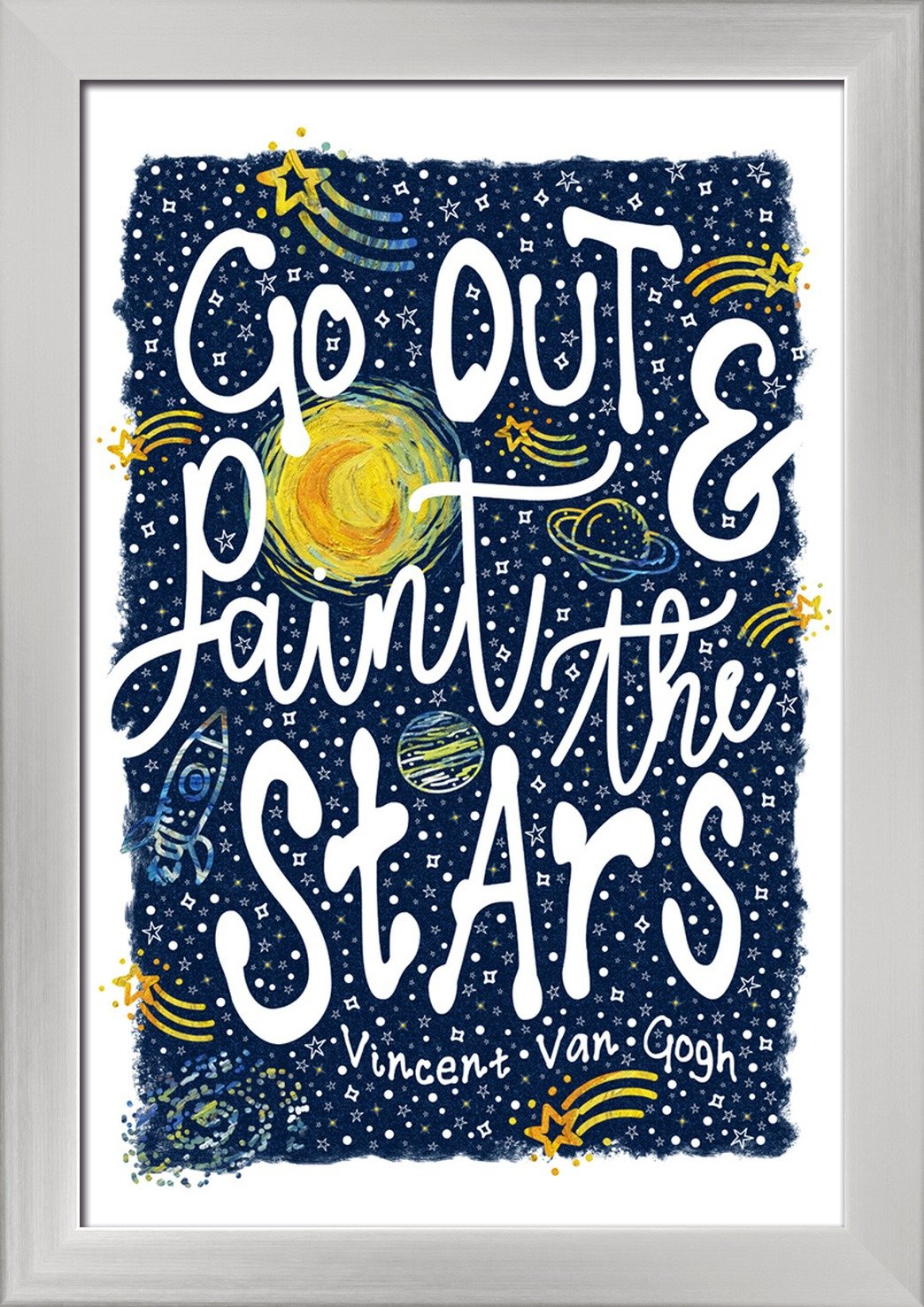 Go Out and Paint the Stars - 12x18 Inch Giclee Fine Art Print with Recycled Wood Frame in Silver | Wall Decor for Living Room, Bedroom & Office | Modern Home Artwork