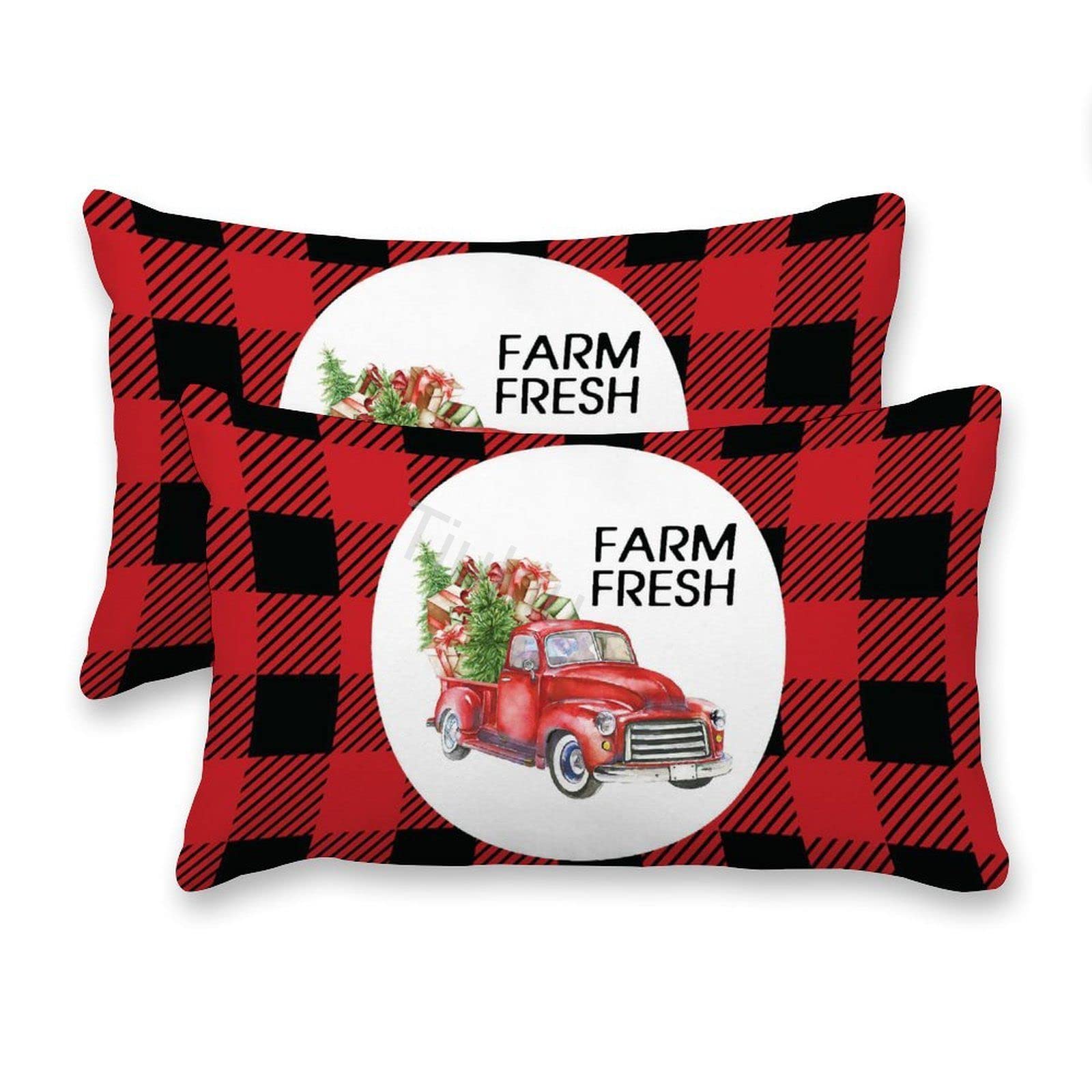 2 Pack Decorative Lumbar Pillow Covers - 12x20 Inches Buffalo Plaid Canvas Cushion Covers for Sofa, Bed & Living Room | American Truck & Car Design | Perfect for Farmhouse, Rustic & Country Home Decor