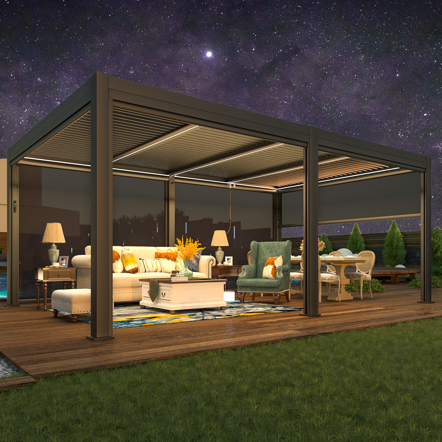 12x20 Black Pergola with Remote Control Shade & LED Lights - Outdoor Patio Cover for Backyard, Garden, and Deck - Perfect for Entertaining, Relaxing, and Outdoor Dining