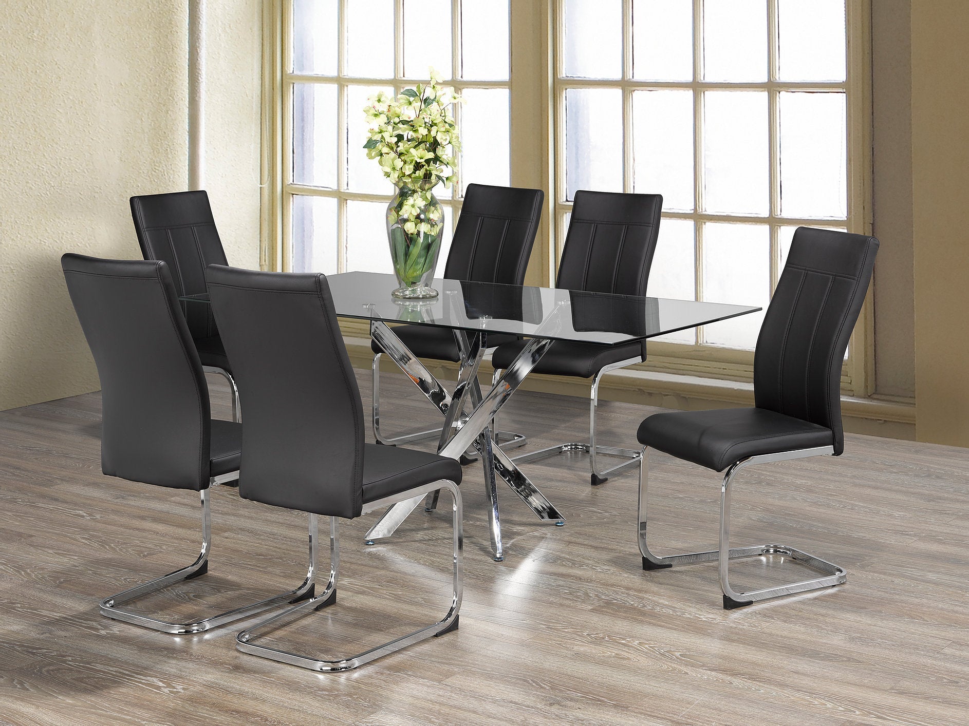 7-Piece Modern Glass Dining Set with Swivel Chrome Legs & Black PU Chairs - Round Table & 6 Chairs for Kitchen, Dining Room, Small Space & Apartment