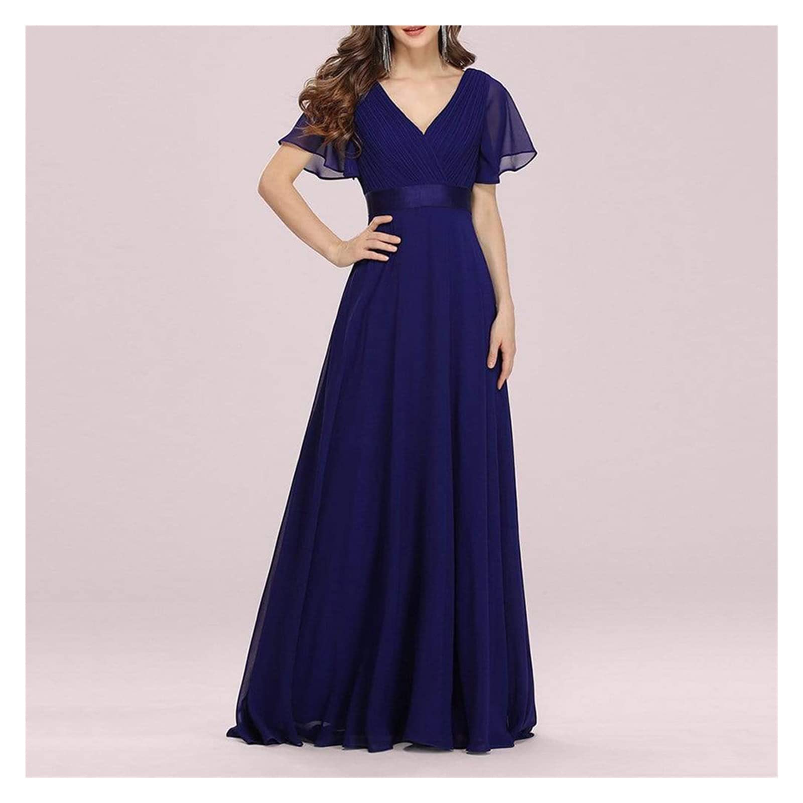 Elegant A-Line V-Neck Chiffon Bridesmaid Dress with Ruffles - Formal Wedding Party & Prom Gown for Women (Blue, Size Small) | Perfect for Weddings, Galas, and Special Occasions