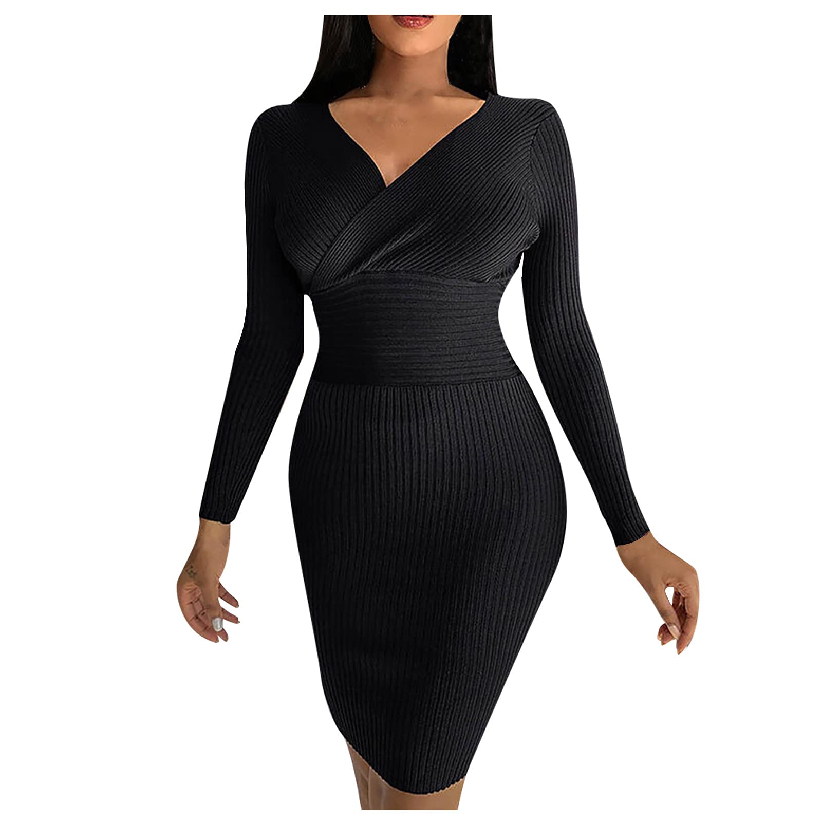 HAOREEKZ Women's Sexy Deep V Neck Long Sleeve Wrap Dress for Wedding Guest - Slim Waist Flattering Hip Hugging Formal Evening Party Dress | Perfect for Cocktail Parties, Date Nights & Special Occasions
