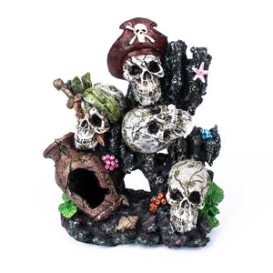 AquaWorld Pirate Skulls On Rock Decor - Handmade Resin Underwater Treasure for Aquarium, Fish Tank, Home & Office Decoration | Perfect for Halloween, Pirate Theme Parties & Nautical Decor