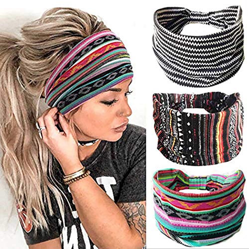 Boho Wide Headbands for Women & Girls - 3Pcs Floral Printed Stretchy Turban Headwraps | Yoga, Workout, Beach & Everyday Style Accessories