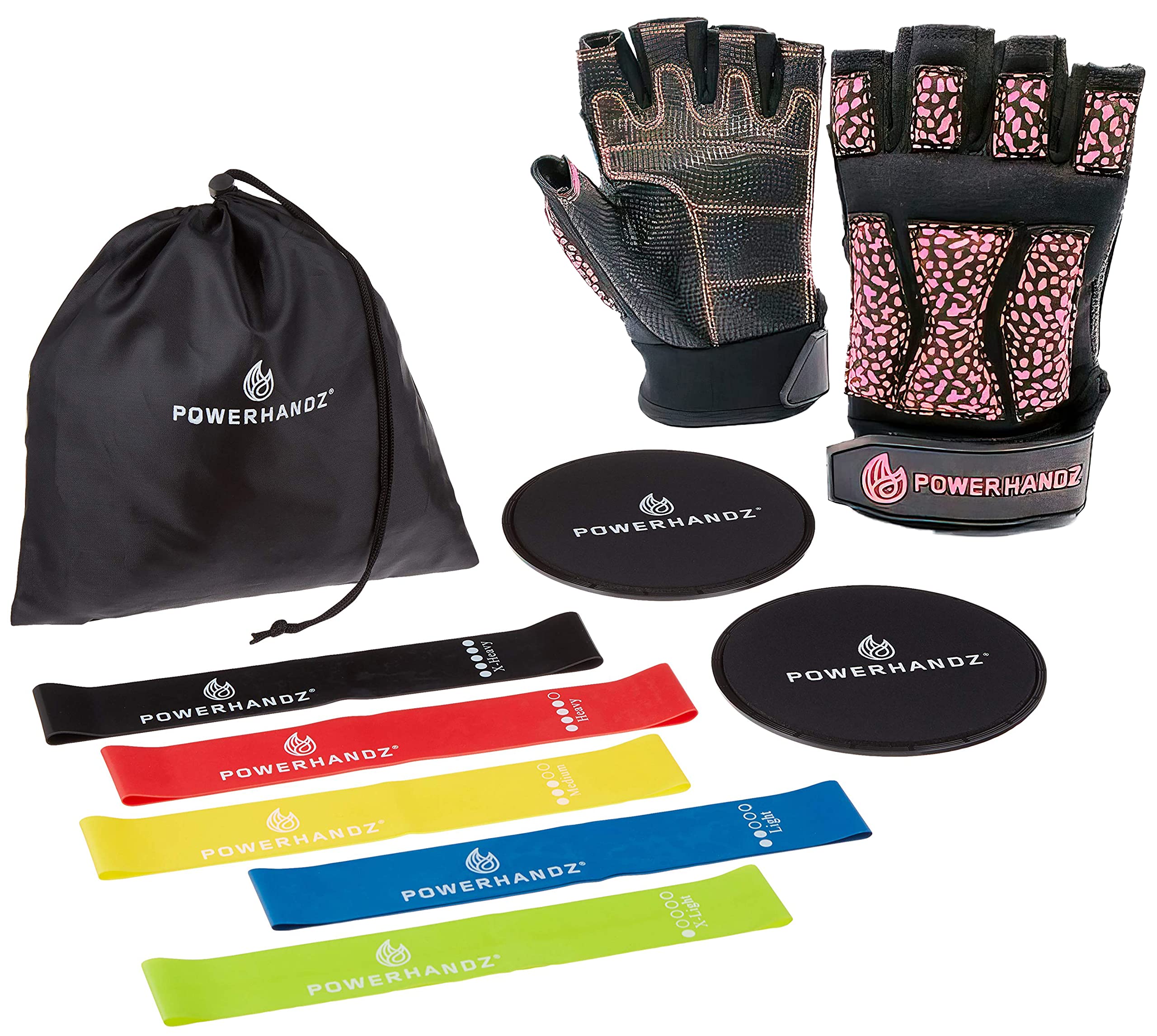 PowerHANDZ 4-Piece Fitness Bundle - 5 Latex Resistance Bands, 2 Sliding Discs, 1 Drawstring Bag & Weight Training Gloves for Women (Medium) | Home Workout Equipment for Strength Training, Yoga & Pilates