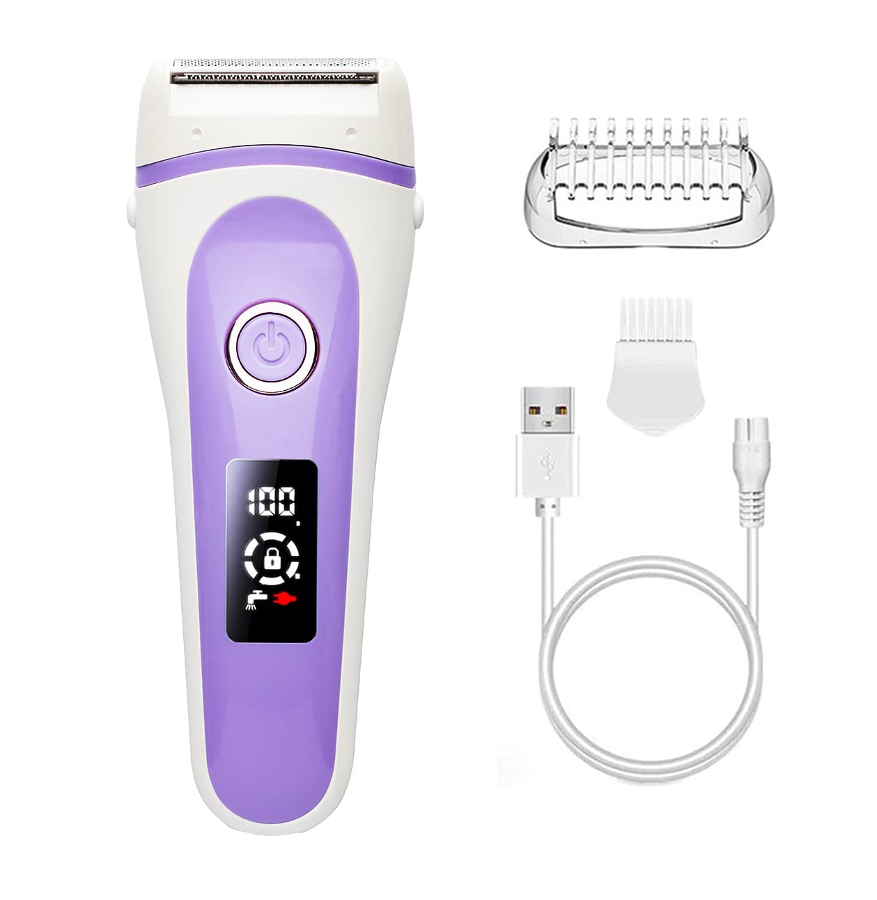 Rechargeable Cordless Electric Lady Shaver - Painless Bikini Trimmer for Women, Wet & Dry Use with LED Display, Purple Razor for Legs, Underarms & Sensitive Areas | Perfect for Travel, Gym & Home Hair Removal