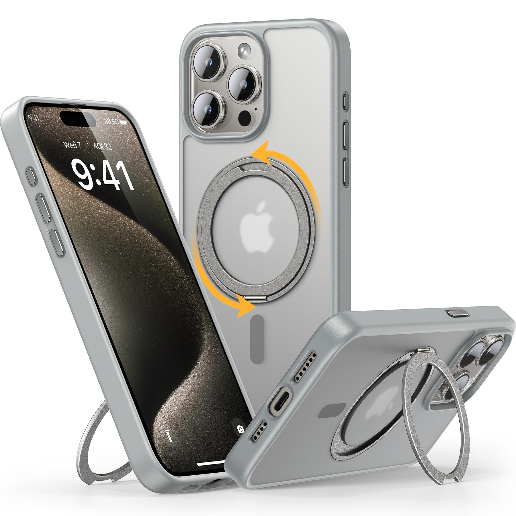 Andobil Magnetic iPhone 15 Pro Max Case with 360° Ring Stand - Magsafe Compatible, Military-Grade Drop Protection, Ultra Slim & Lightweight (6.7 Inch, Natural Titanium) - Perfect for Work, Travel & Everyday Use