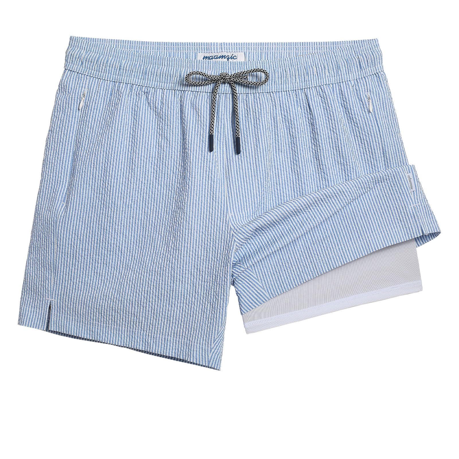 Maamgic Men's 5.5 Inch Swim Trunks - Quick Dry Seersucker Beach Shorts with Compression Liner | 2-in-1 Bathing Suits for Swimming, Surfing & Summer Vacation
