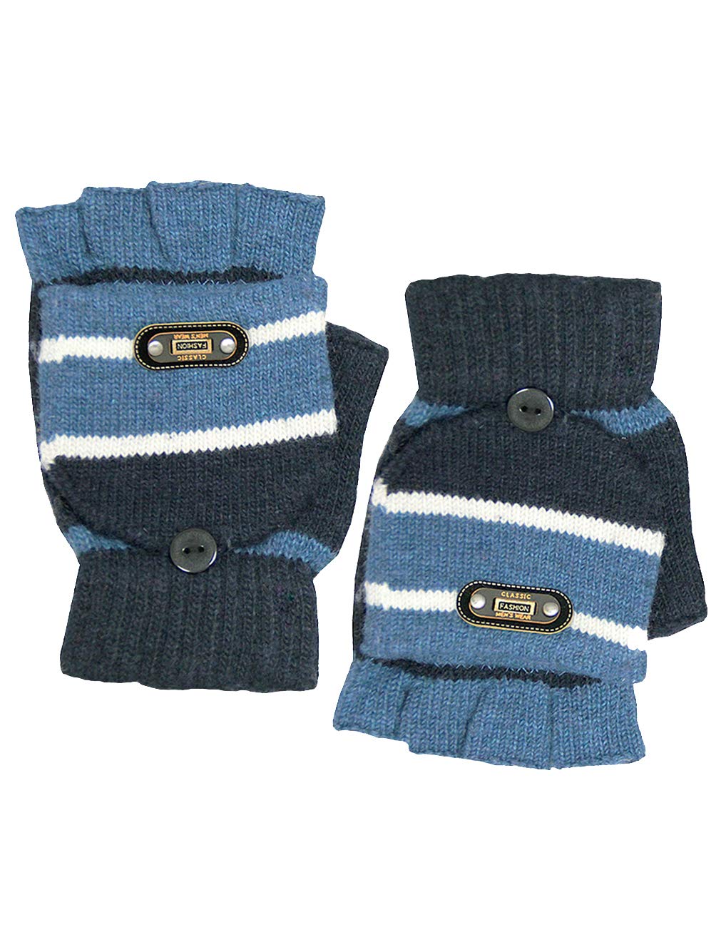 Men's Striped Convertible Fingerless Gloves - Acrylic Knit Mittens for Typing, Driving & Outdoor Activities