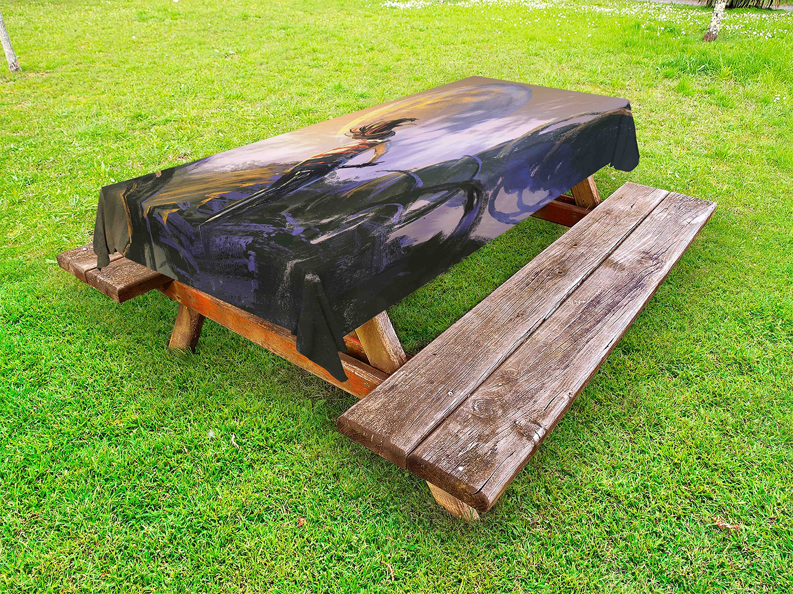 Fantasy Outdoor Tablecloth - Hippie Moon Bike Ride with Spiral Black Rocks Print, Washable Picnic Table Cover 58x84 Inches, Purple - Perfect for Boho Picnics, Backyard Parties & Outdoor Dining Decor