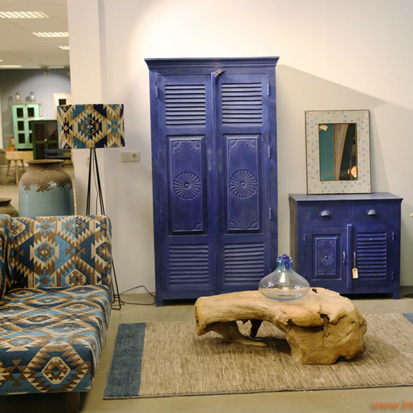 Hand Carved Shutter Design Solid Wood Sideboard Cabinet - Vintage Blue Storage Buffet for Dining Room, Living Room & Entryway