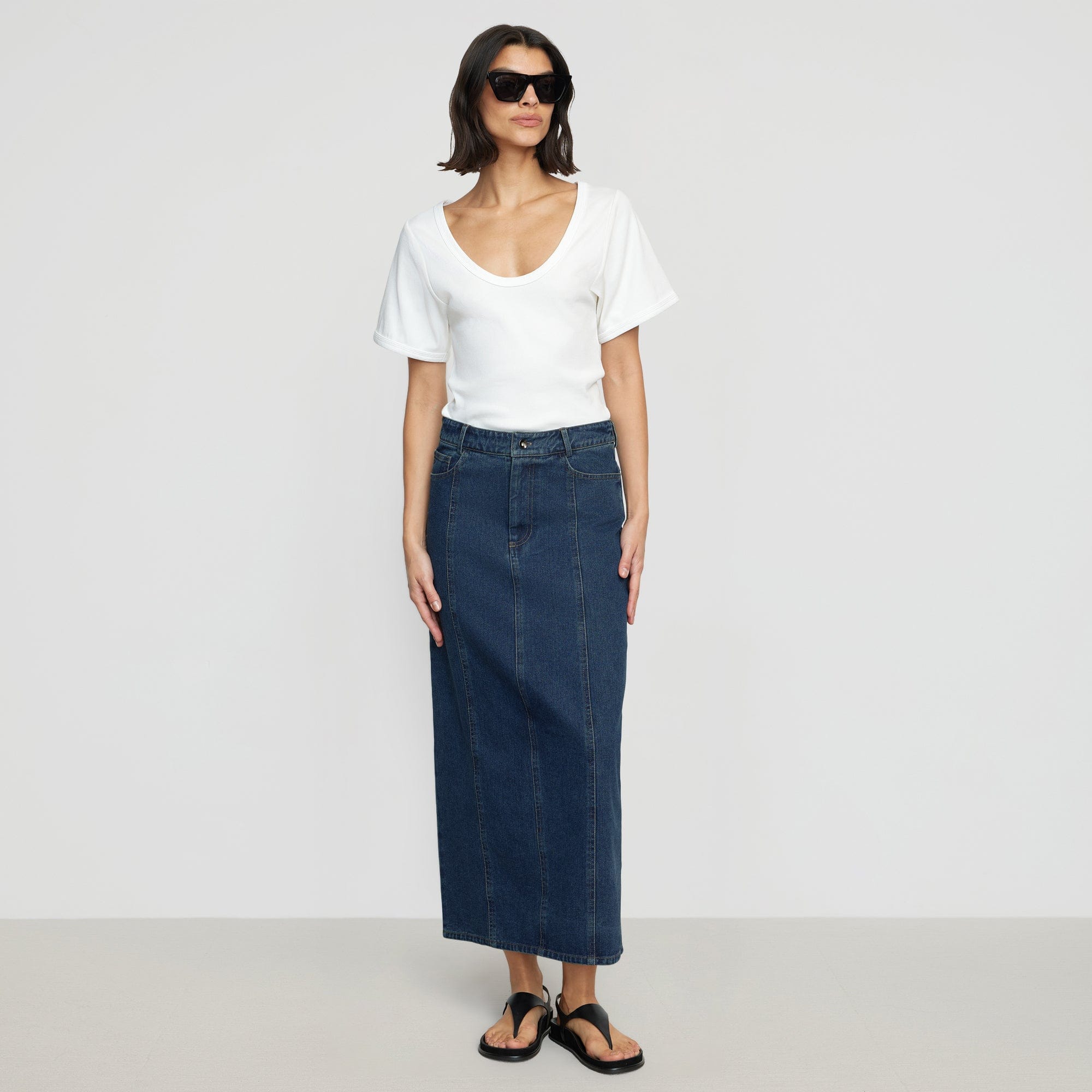 Riley Denim Maxi Skirt for Women - High Waisted Stretchy Long Denim Skirt with Pockets - Perfect for Casual Outfits, Date Nights & Summer Fashion