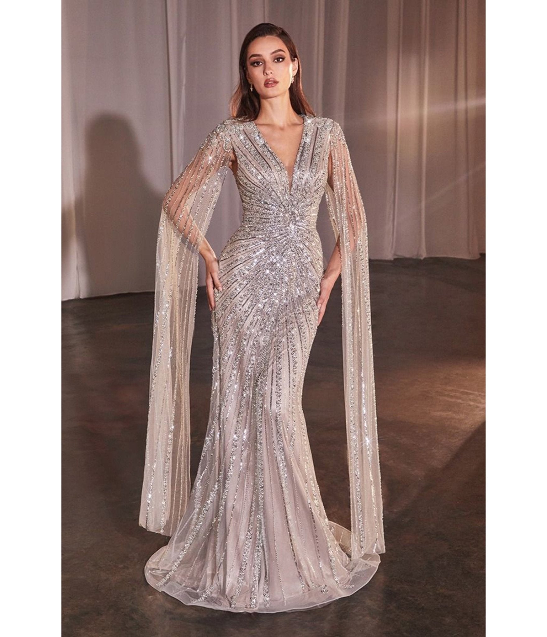 Ladivine by Cinderella Divine Silver Nude Beaded Cape Sleeve Slit Prom Dress - Elegant Formal Gown for Homecoming, Pageant, and Evening Events