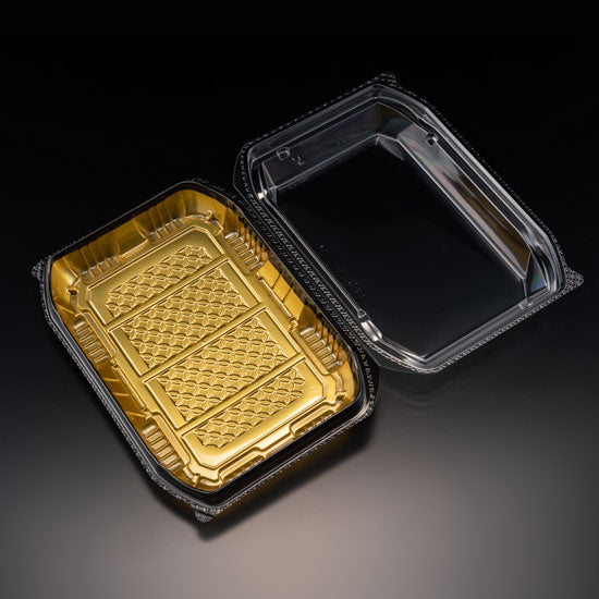BioPET Neo Shell Hinged Gold Sushi Takeout Tray 8.2