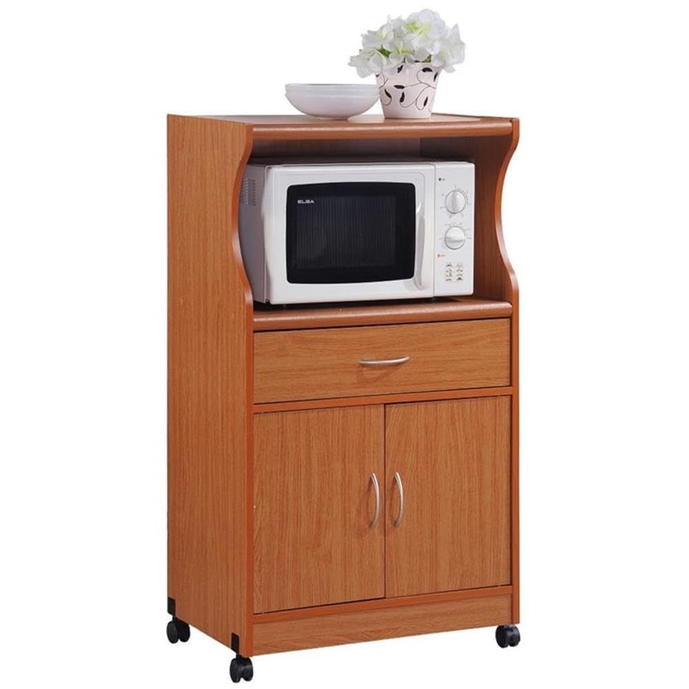 HODEDAH Microwave Cart with Storage - 1 Drawer, 2 Doors & Shelf - Compact Kitchen Organizer for Small Spaces - Cherry Finish for Microwave, Coffee Maker & Cooking Essentials