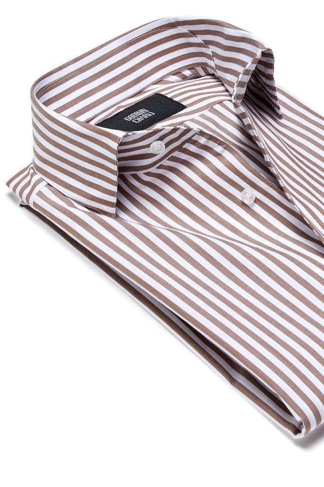 Men's Cooper Shirt - One Piece Collar Brown Stripe Casual Button Down Shirt for Work & Everyday Wear | Office, Date Night & Weekend Outfit