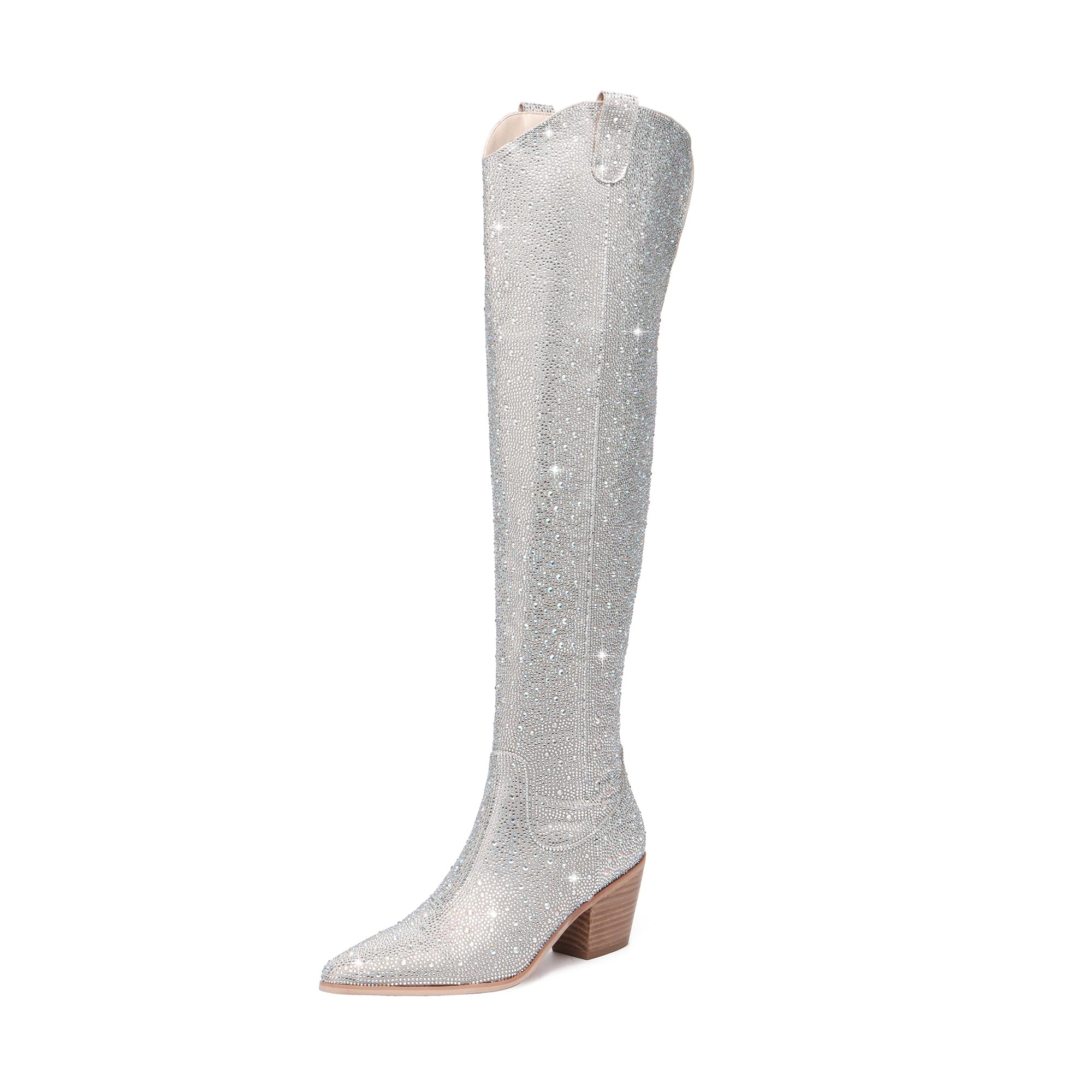 Olomisa Women's Rhinestone Cowgirl Boots - Western Cowboy Boots with Glitter, Over The Knee High, Chunky Stacked Heel & Pointed Toe | Perfect for Country Concerts, Rodeos & Western Fashion