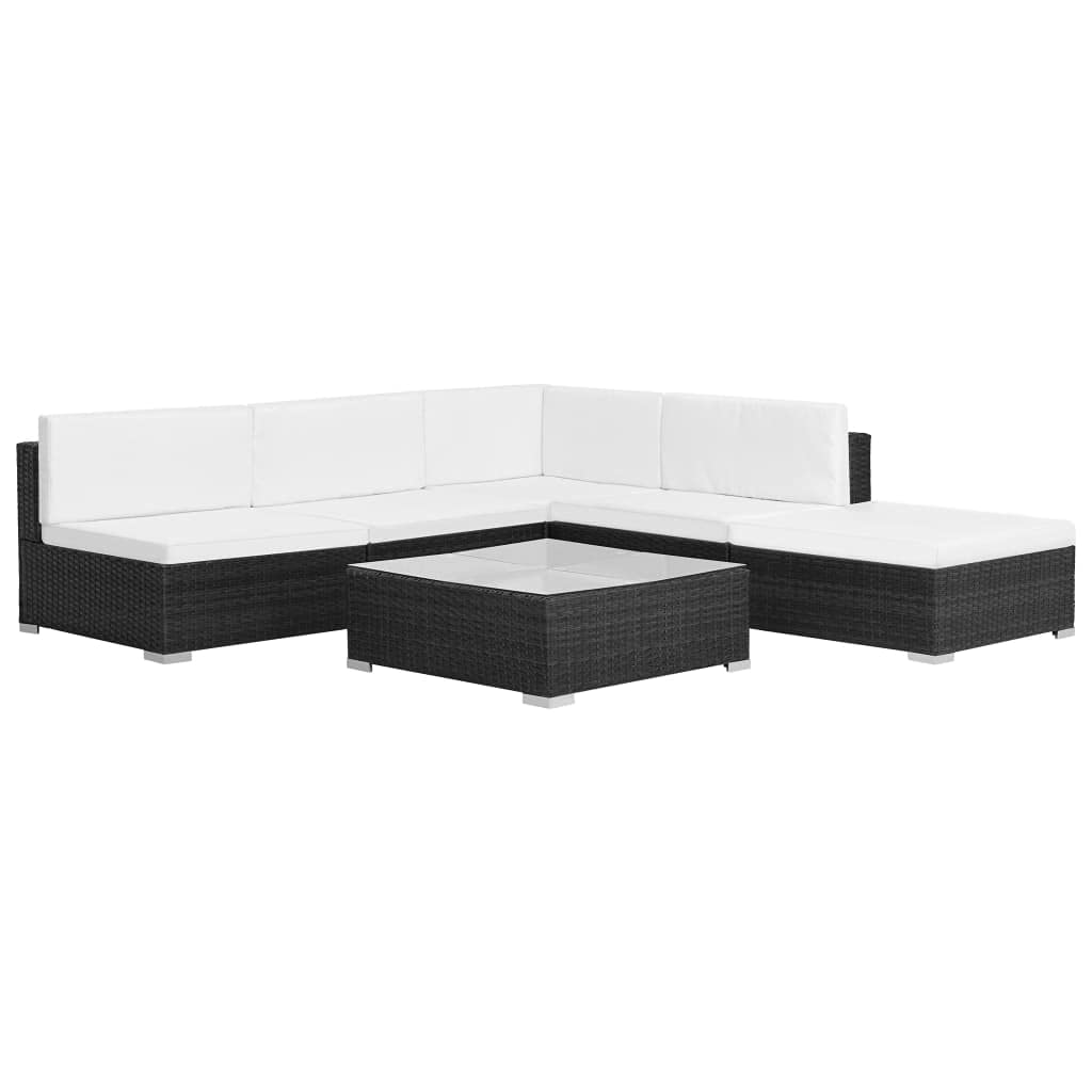 Premium 6-Piece Black Poly Rattan Patio Furniture Set with Cushions - Outdoor Garden Lounge Set for Backyard, Poolside & Terrace Relaxation | Weather-Resistant Wicker Sofa & Coffee Table Combo