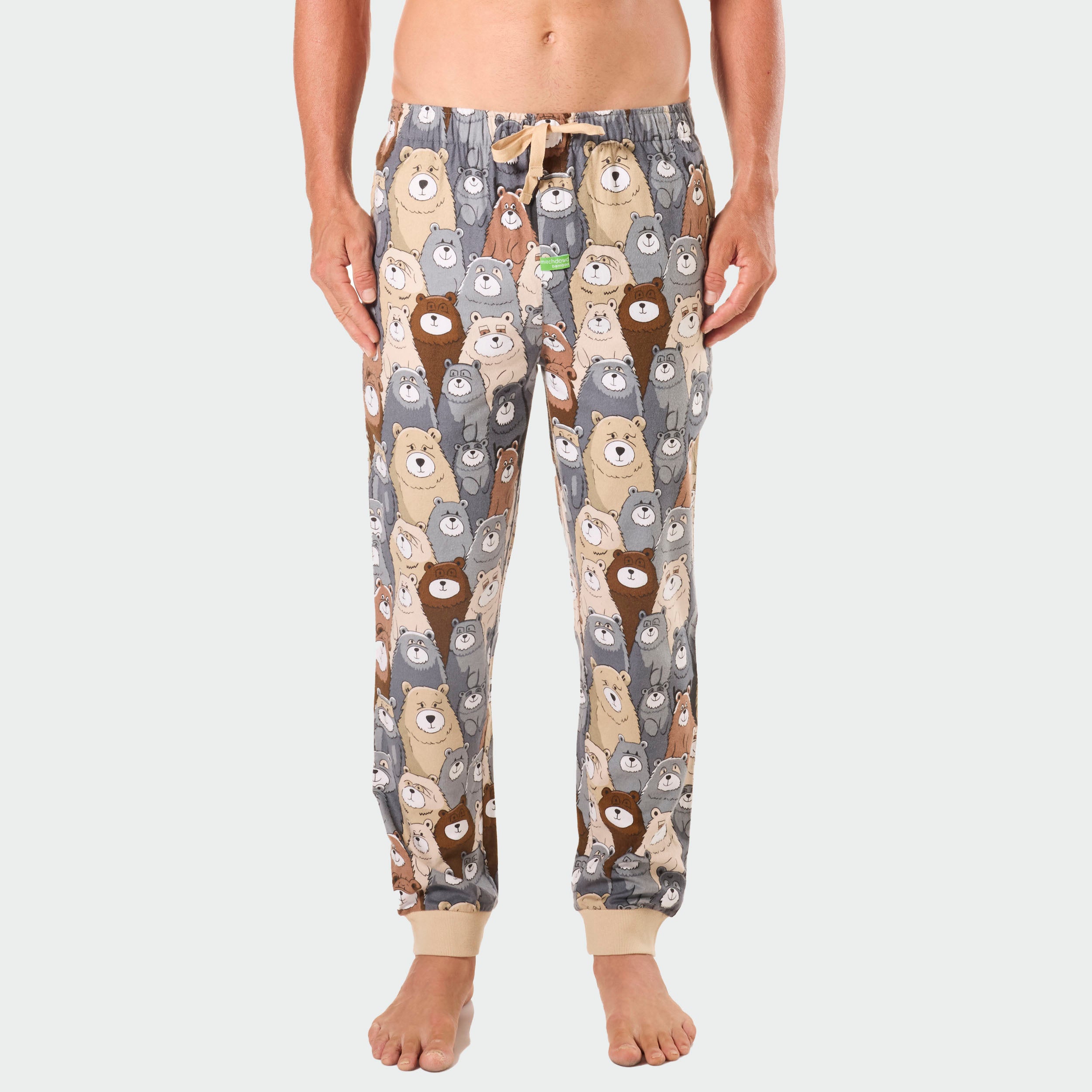 Men's Funny Bear Print Bamboo Flannel Slim-Fit Sleep Pants - Beige | Soft & Breathable Lounge Pajamas for Relaxing at Home