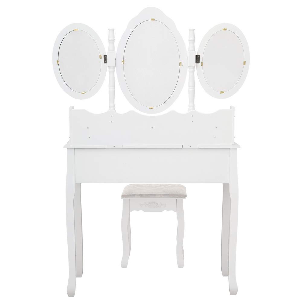 Beyamis White MDF 7-Drawer Tri-Fold Mirror Dressing Table Set - Perfect for Bedroom Vanity, Makeup Station & Home Decor