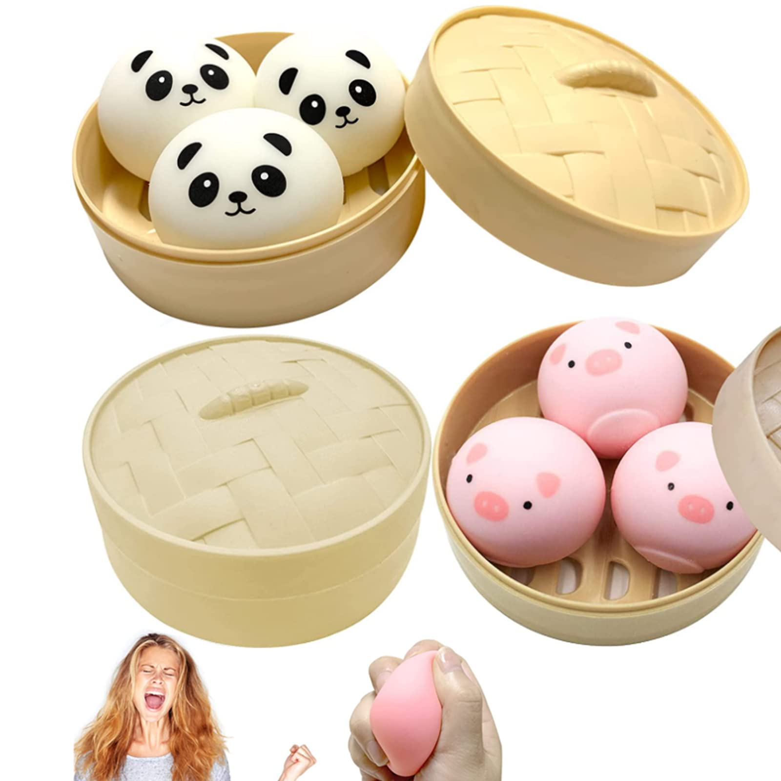 ZJRUI Dumpling Stress Ball Fidget Toy - 6 Pack Squishy Sensory Toys (3 Bear + 3 Big) for Anxiety Relief, Stress Management & Focus - Perfect for Kids, Adults, Office & Classroom Use