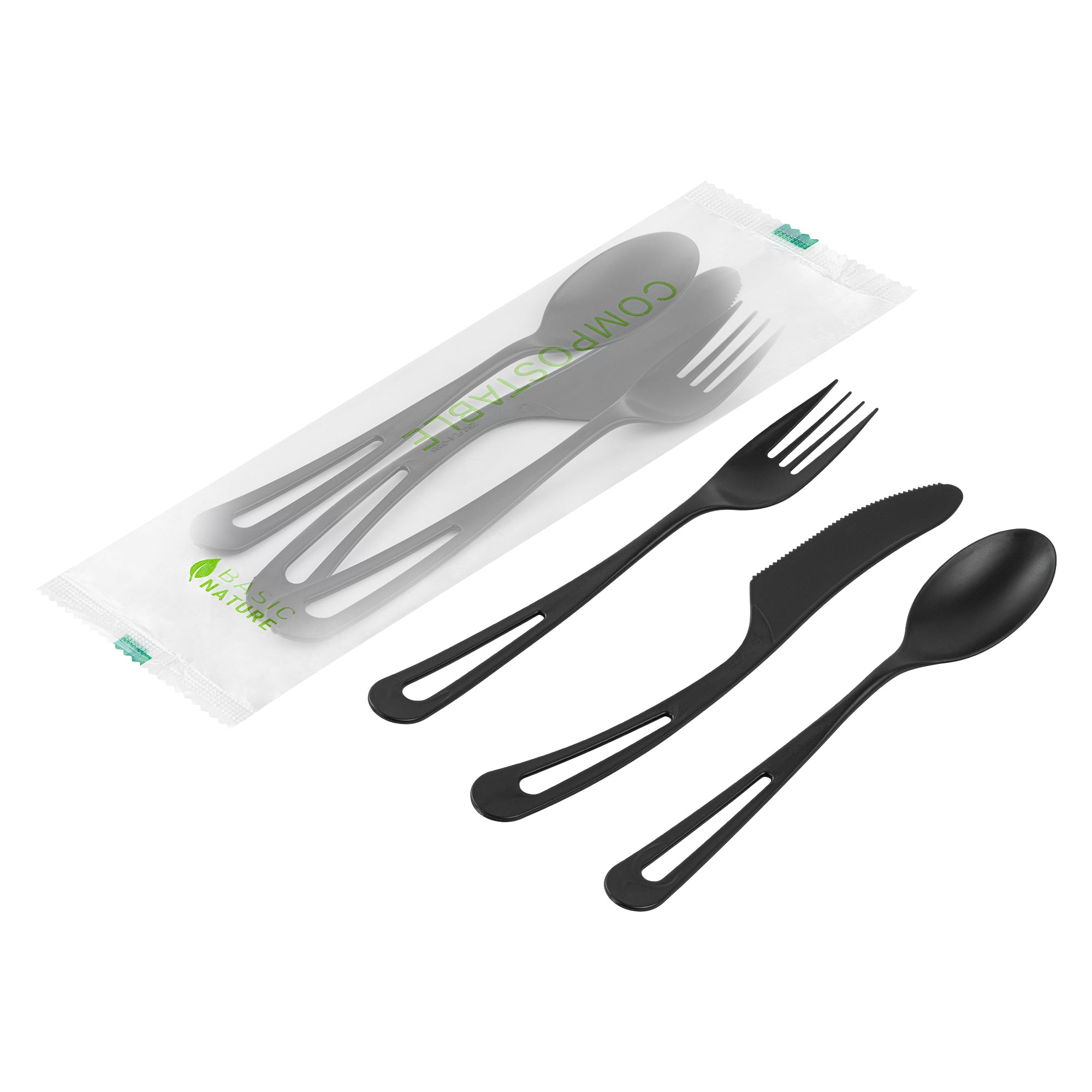 Eco-Friendly Black CPLA Plastic Cutlery Set - 100-Piece Compostable Utensils with Heat-Resistant Wrapper (7.5