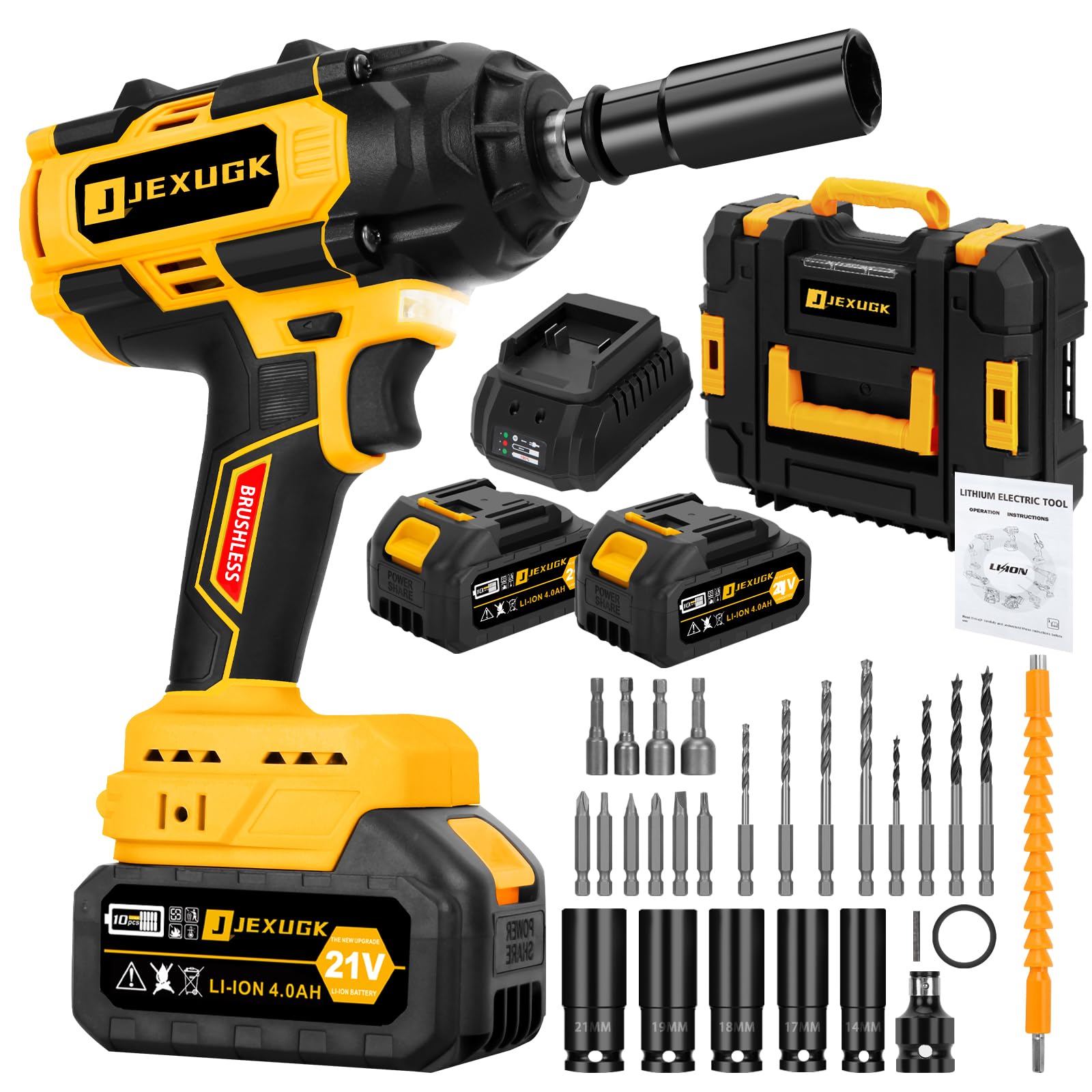 850Nm 1/2 Inch 21V Brushless Cordless Impact Wrench Kit with 2 x 4.0Ah Batteries, Charger & 5 Sockets - 640 Ft-lbs Torque for Automotive Repair, Home DIY & Construction Projects