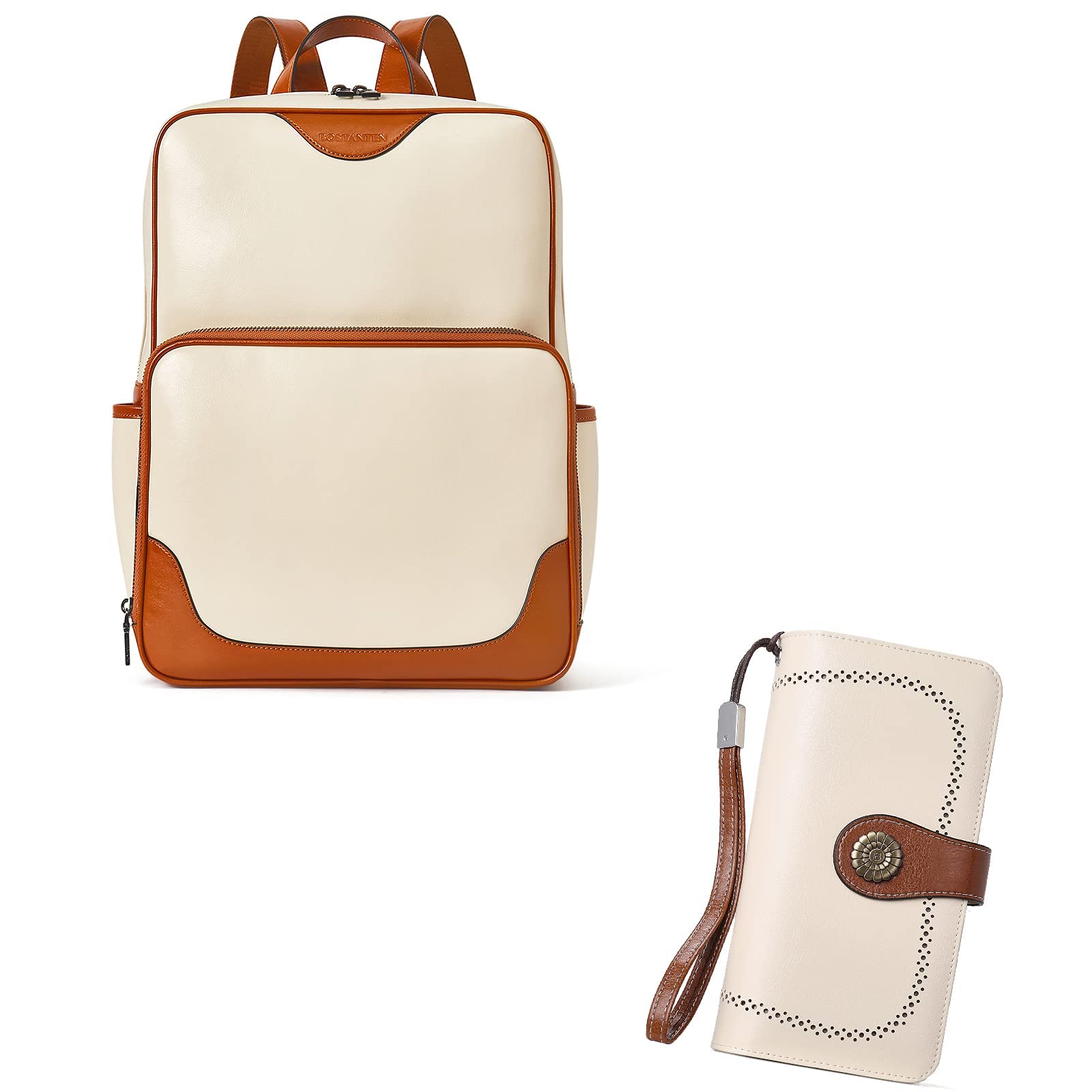 BOSTANTEN Genuine Leather Laptop Backpack for Women - Stylish College & Travel Purse with RFID Blocking Card Holder, Large Capacity Work Bag for Business, Commuting and Daily Use