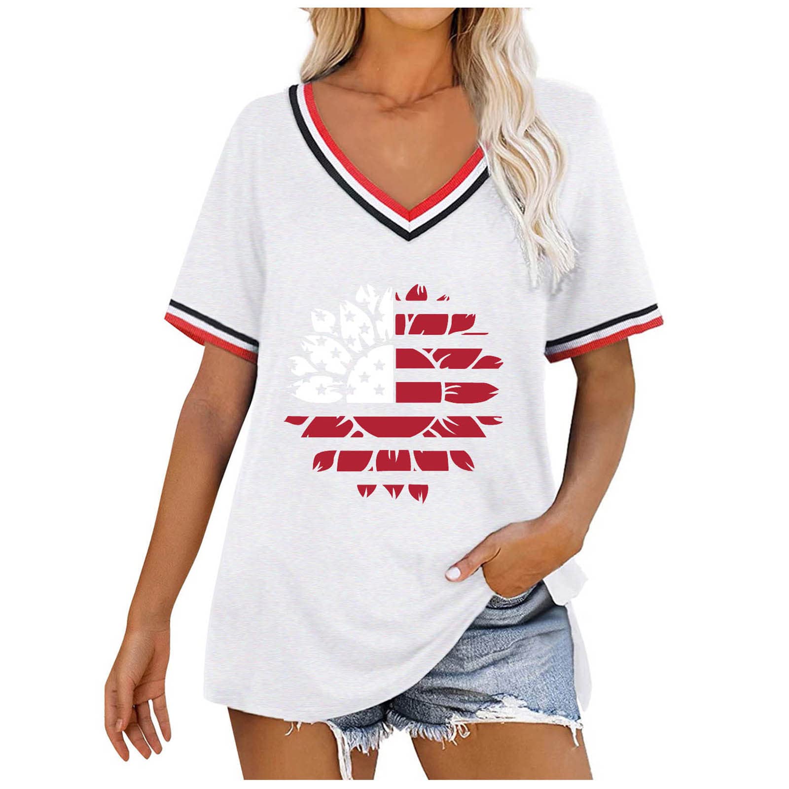 Women's Summer V-Neck Workout T-Shirt - Loose Fit Casual Short Sleeve Graphic Tee for Teen Girls | Comfortable Cute White Top for Gym, Running & Everyday Wear