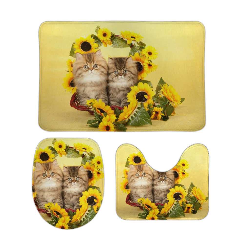QAZPL 3-Piece Bathroom Rug Set - Cute Kitten Floral Sunflower Design, U-Shaped Contour Toilet Lid Cover & Non-Slip Shower Mats - Machine Washable Bath Mats for Toilet, Bathtub & Floor Decor