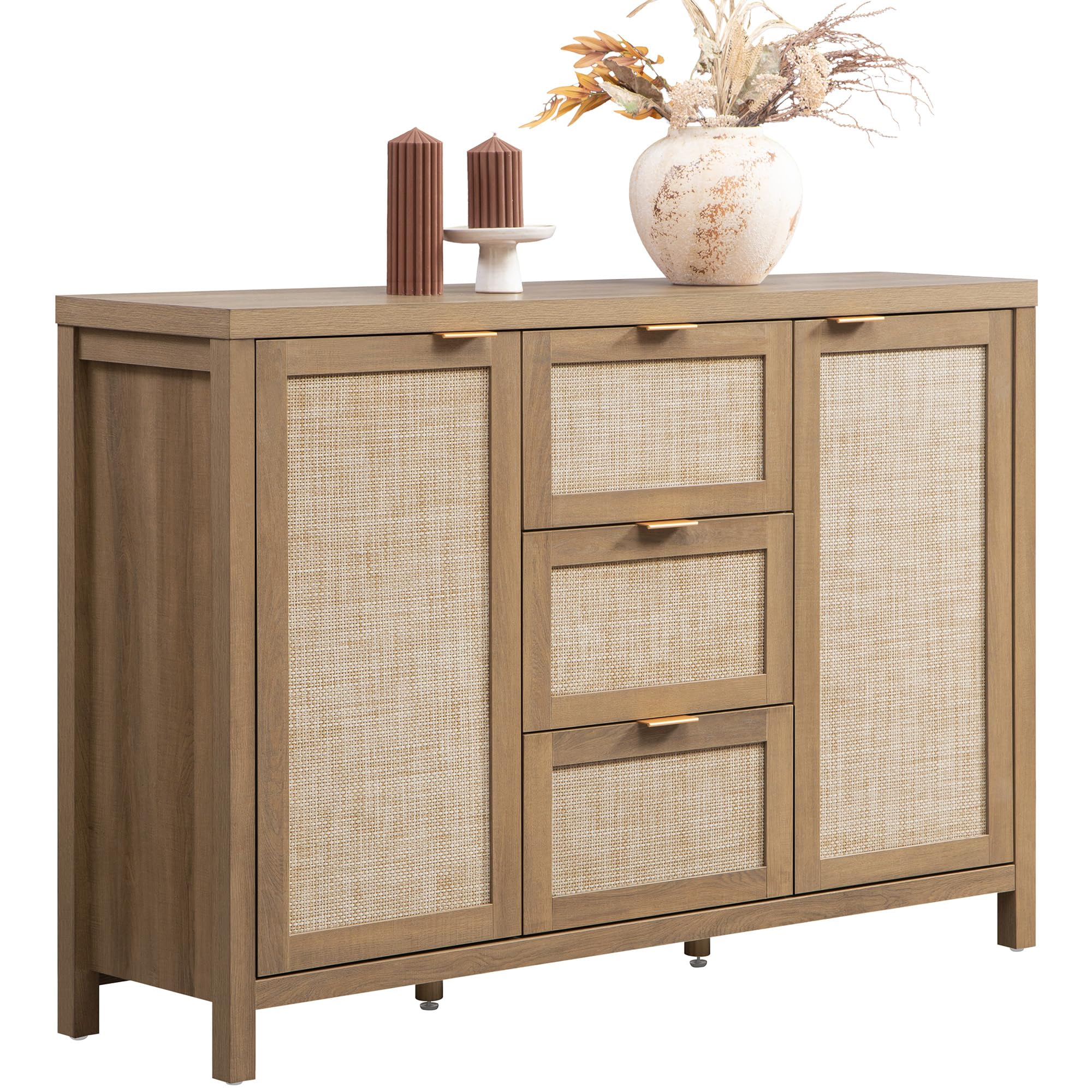 SICOTAS Rattan Large Sideboard Buffet Cabinet with Storage - Farmhouse Style Credenza with 3 Drawers & 2 Doors, Boho Wooden Console Coffee Bar Cabinet for Living Room, Kitchen, Entryway - Perfect for Home Decor, Storage Solution and Entertaining Guests