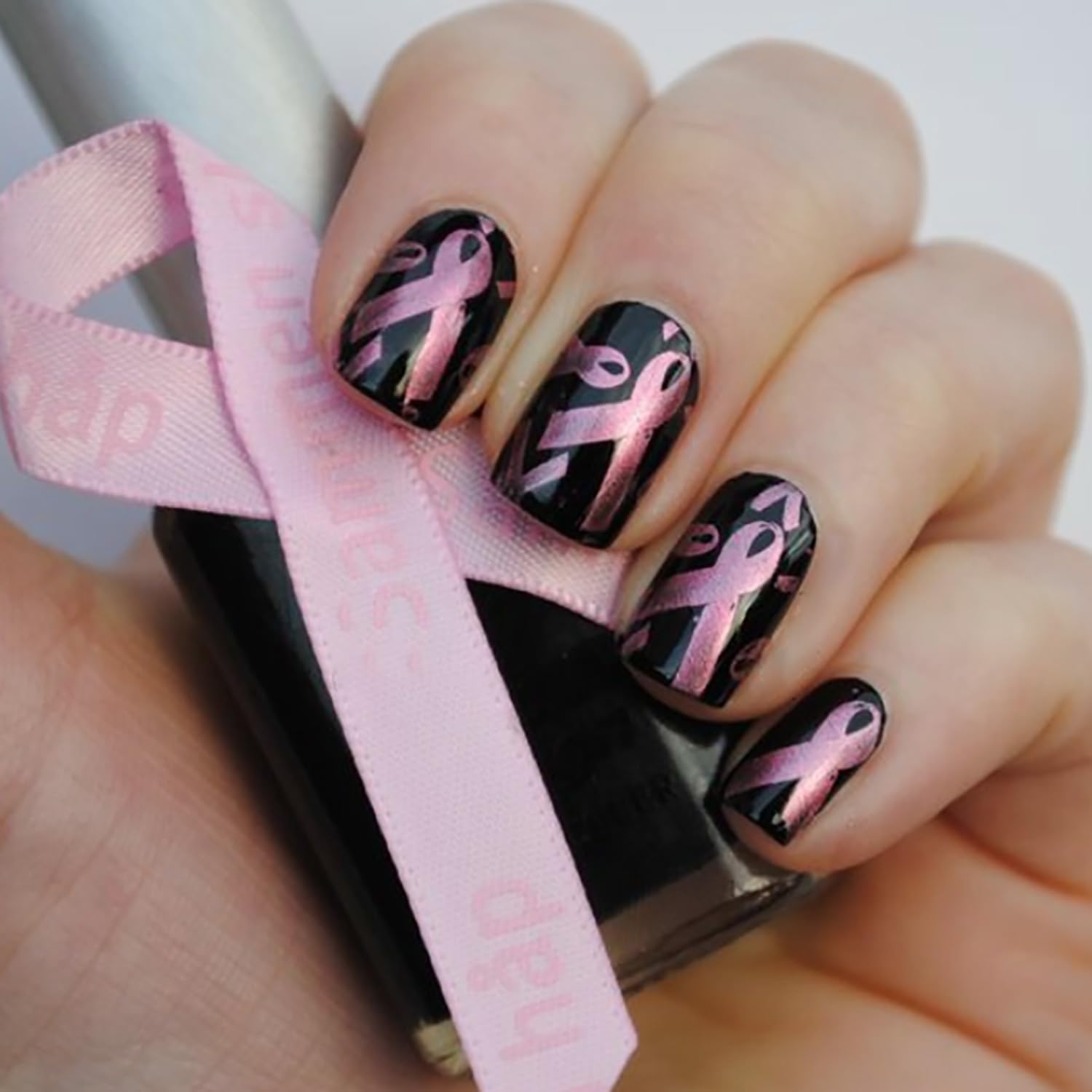 24Pcs Breast Cancer Awareness Press on Nails - Short Square Fake Nails with Pink Ribbon Designs, Full Cover Artificial Coffin False Nails for Women & Girls (Acrylic Nail Decorations) - Perfect for October Awareness Month, Fundraisers, and Supportive Nail Art