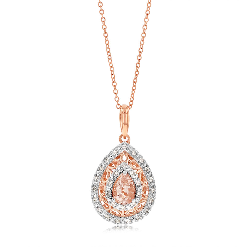 9ct Rose Gold Diamond & Oval Morganite Pendant Necklace - Elegant Jewelry for Weddings, Anniversaries & Special Occasions